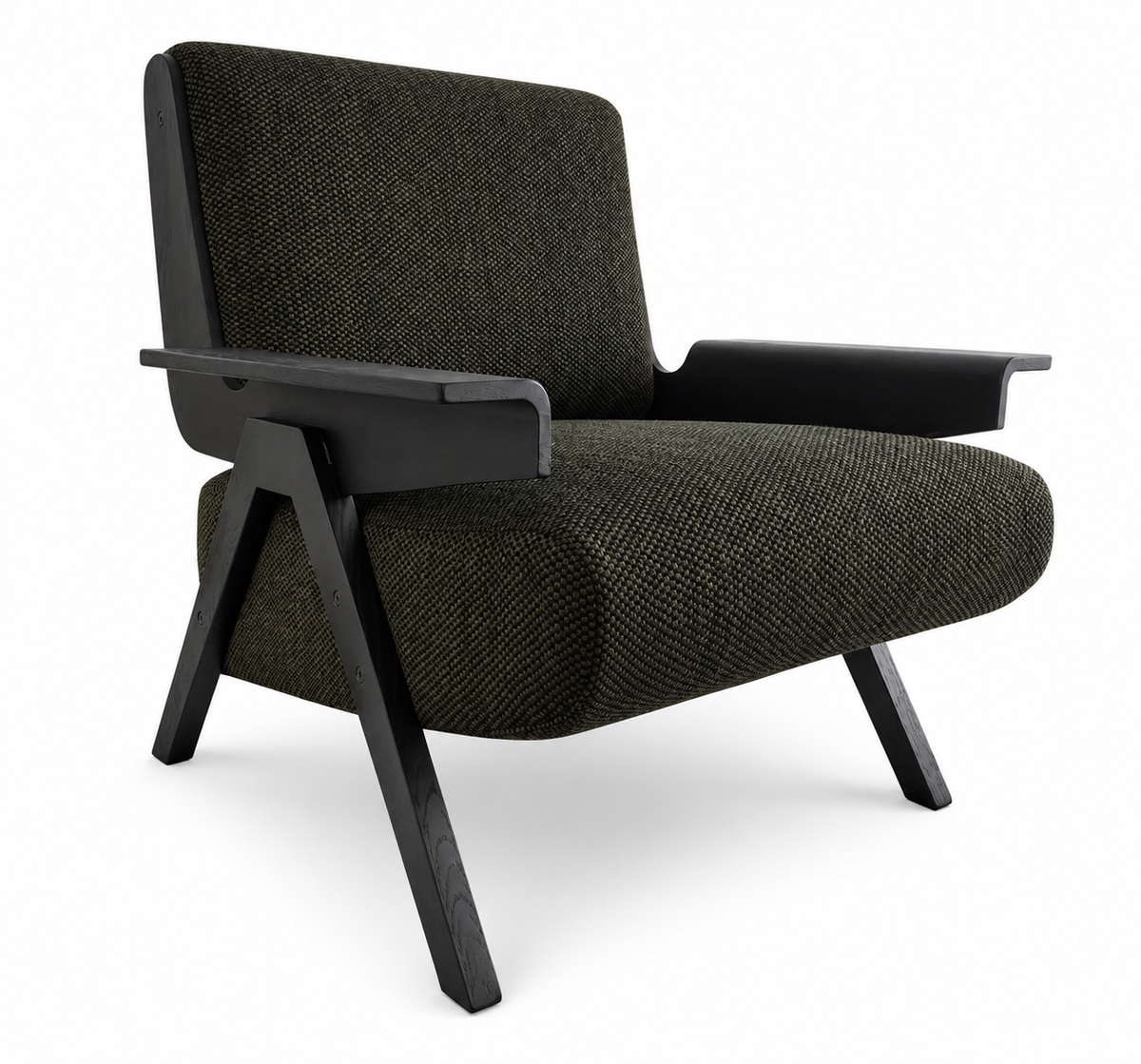 Poltrona de diseño moderna con tapizado en tela texturizada oscura y estructura de madera negra.