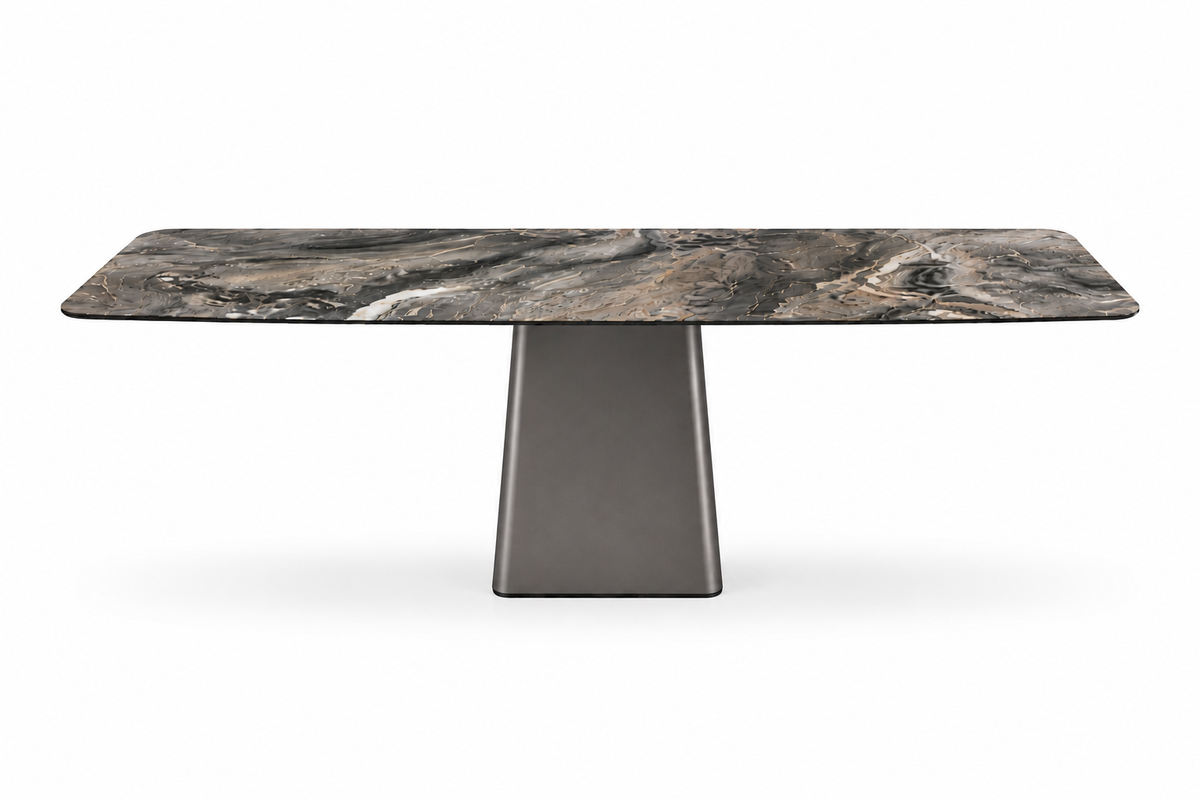 Mesa de comedor contemporánea de 2.00m con cubierta de piedra sinterizada marmolada y base de acero elegante.