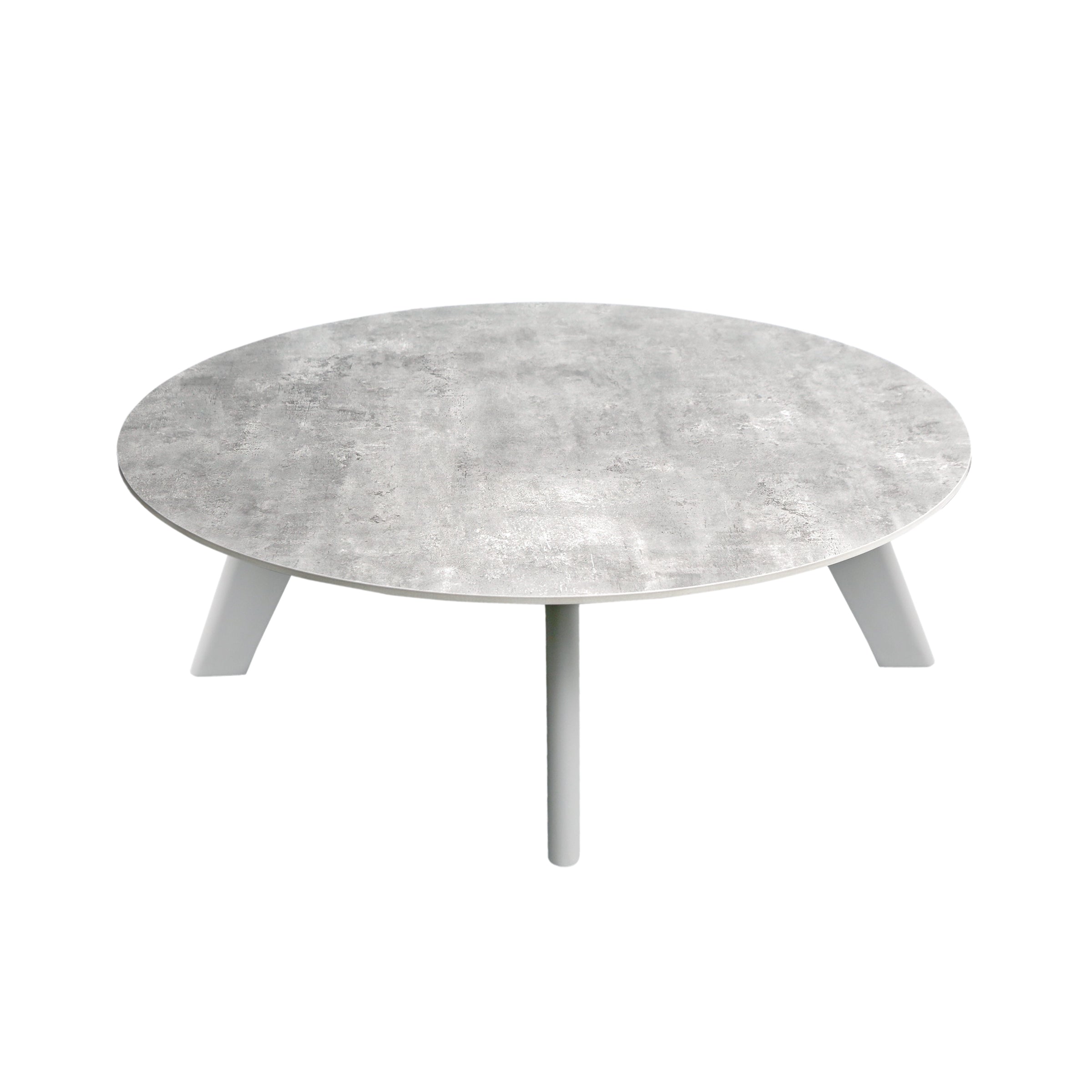 Mesa de centro circular cemento gris y patas blancas - Vilá Decoración - Muebles y decoración en Medellín y Colombia