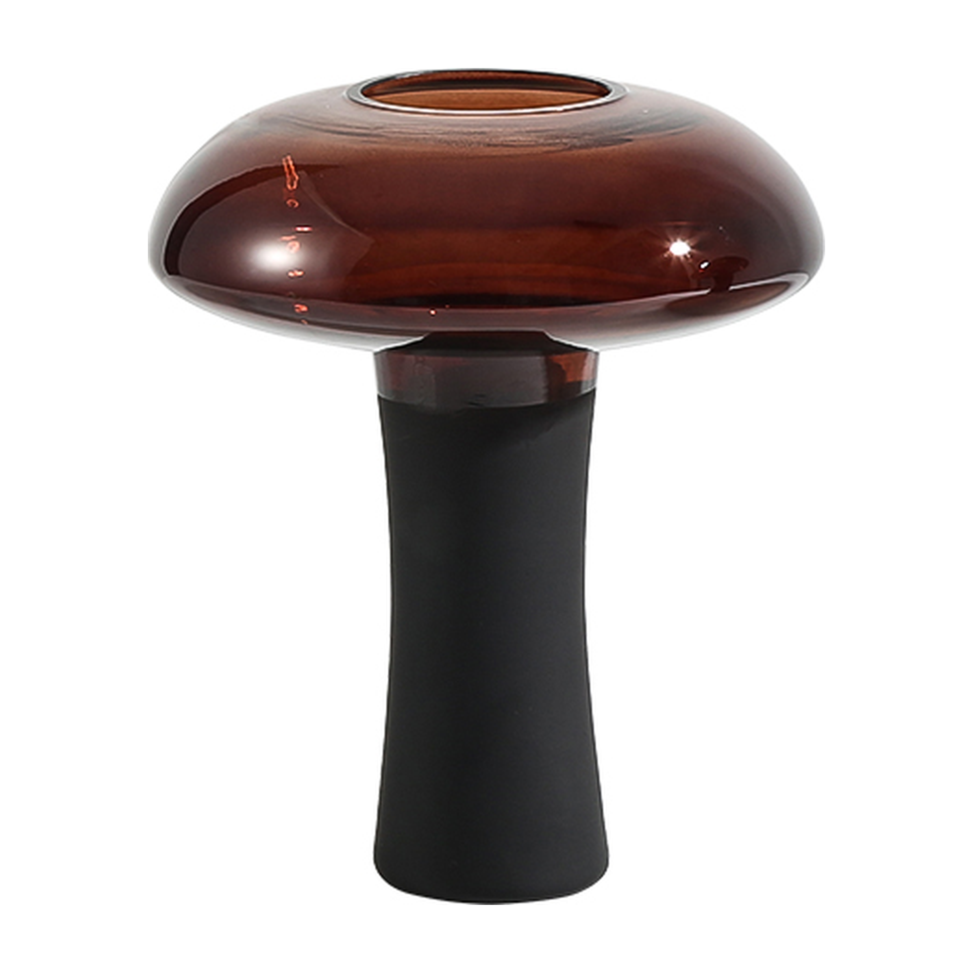 Jarrón decorativo de vidrio ámbar y base negra, estilo moderno y elegante, 20 cm de altura.