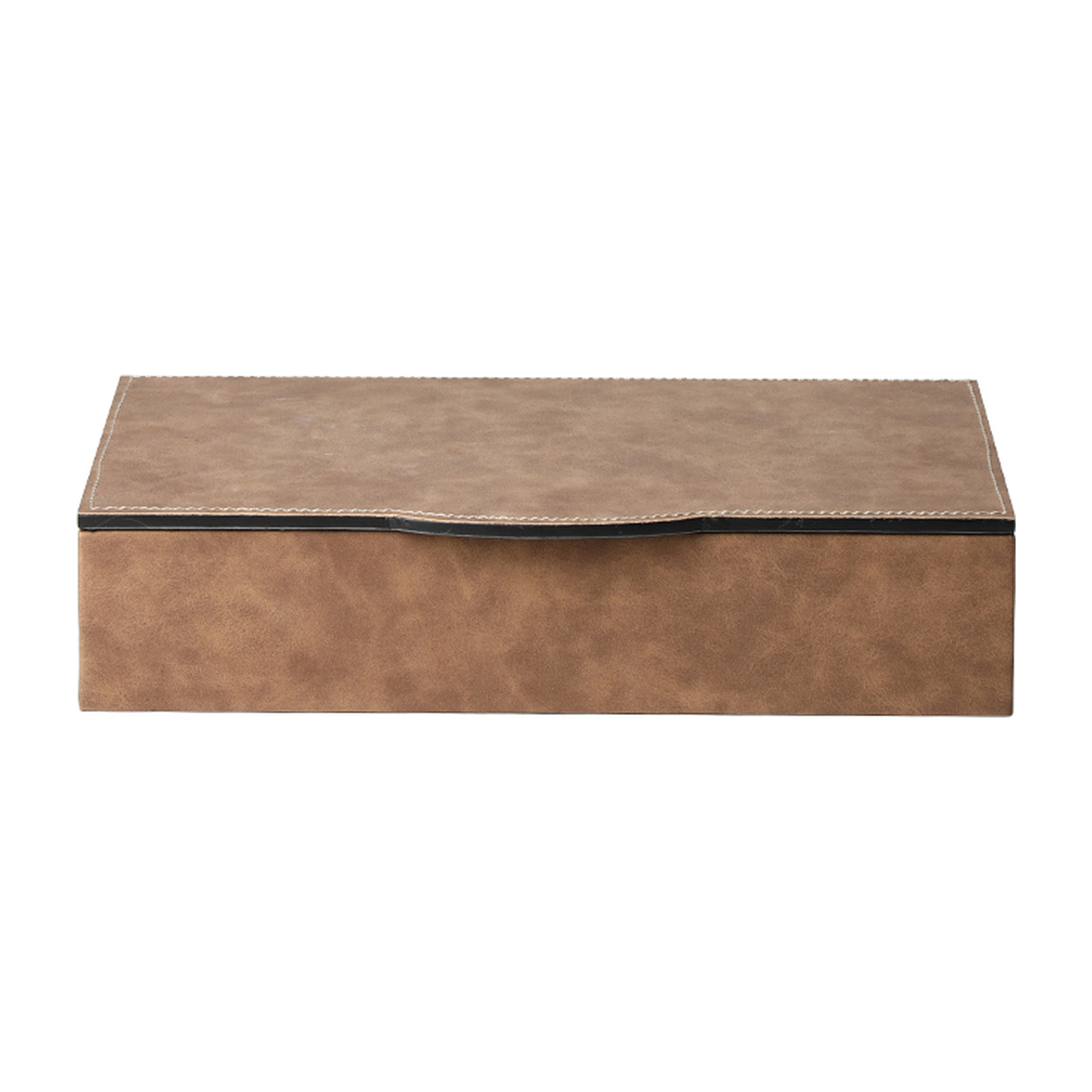 Cofre decorativo rectangular de lujo en madera y cuero color marrón claro con costuras visibles
