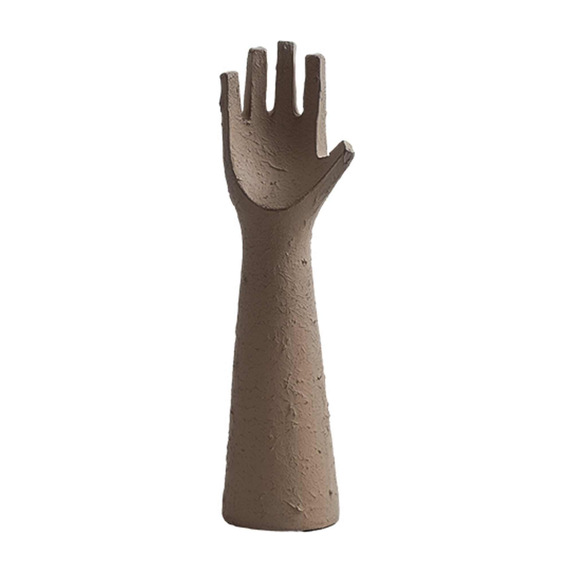 Escultura decorativa moderna de mano abierta en resina color tierra, ideal para realzar cualquier