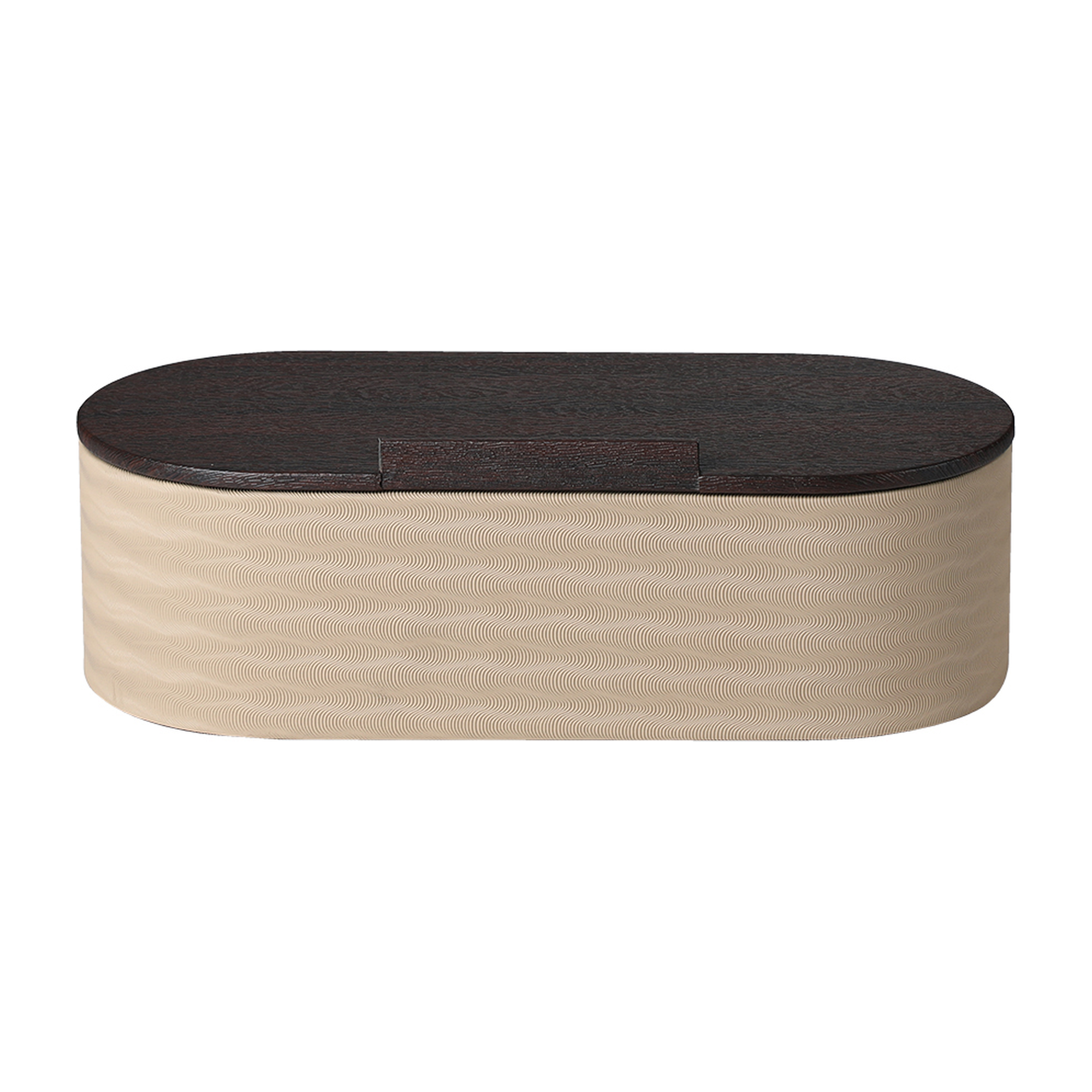 Cofre decorativo alargado de lujo en madera oscura y cuero beige con patrón ondulado, vista frontal