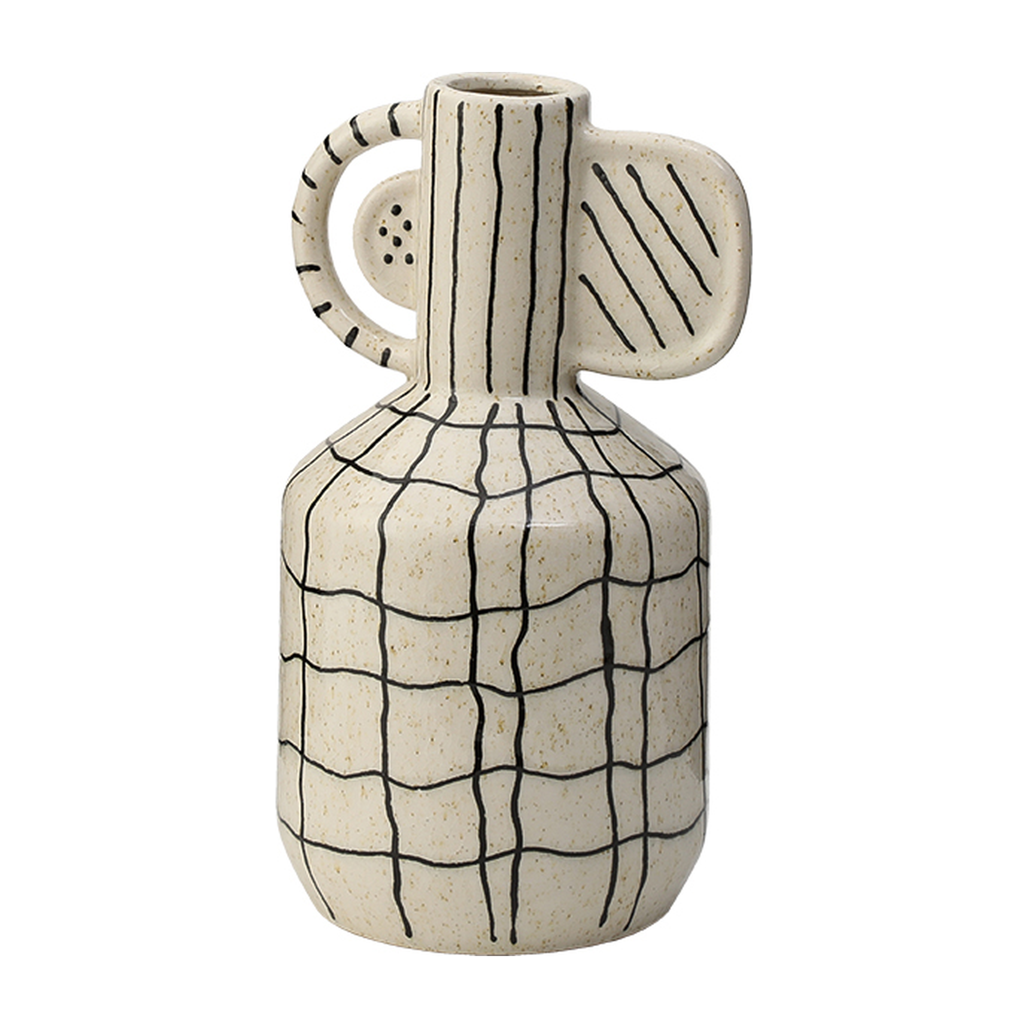 Jarrón decorativo de cerámica abstracta en tonos blanco crema con patrones geométricos negros