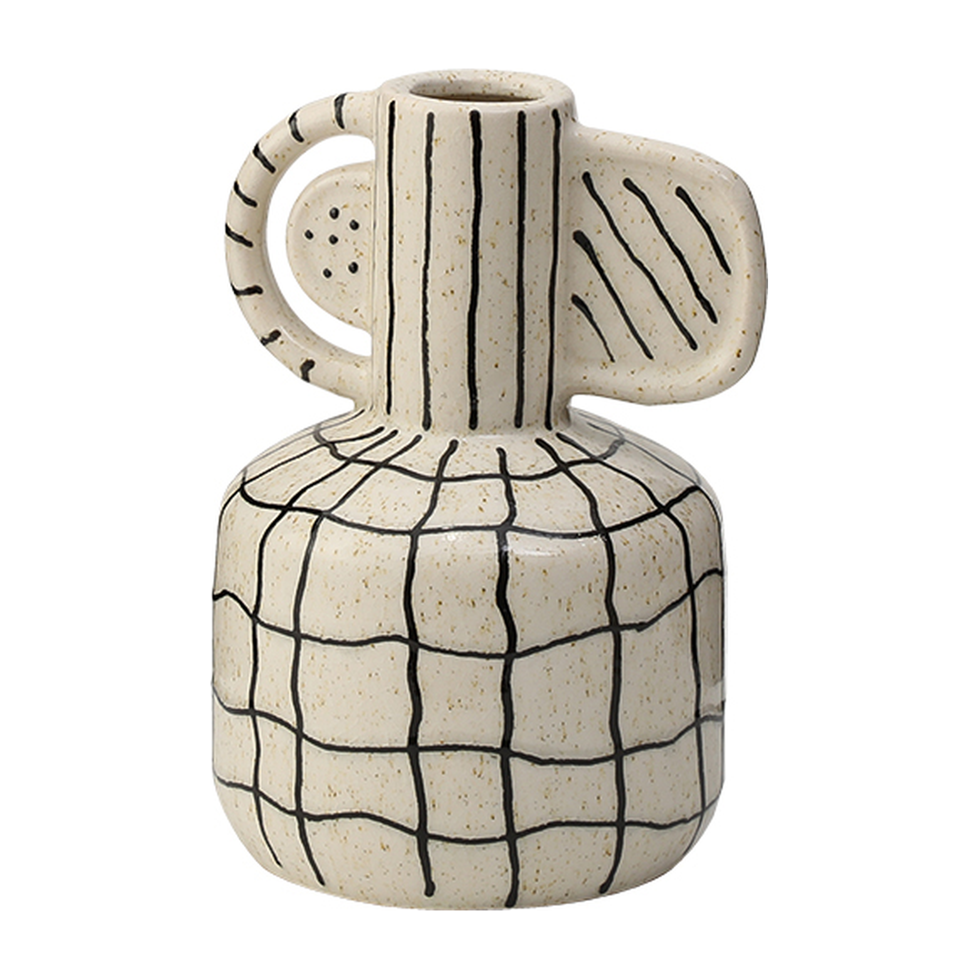 Jarrón decorativo de cerámica en tonos beige claro con patrones abstractos pintados en negro
