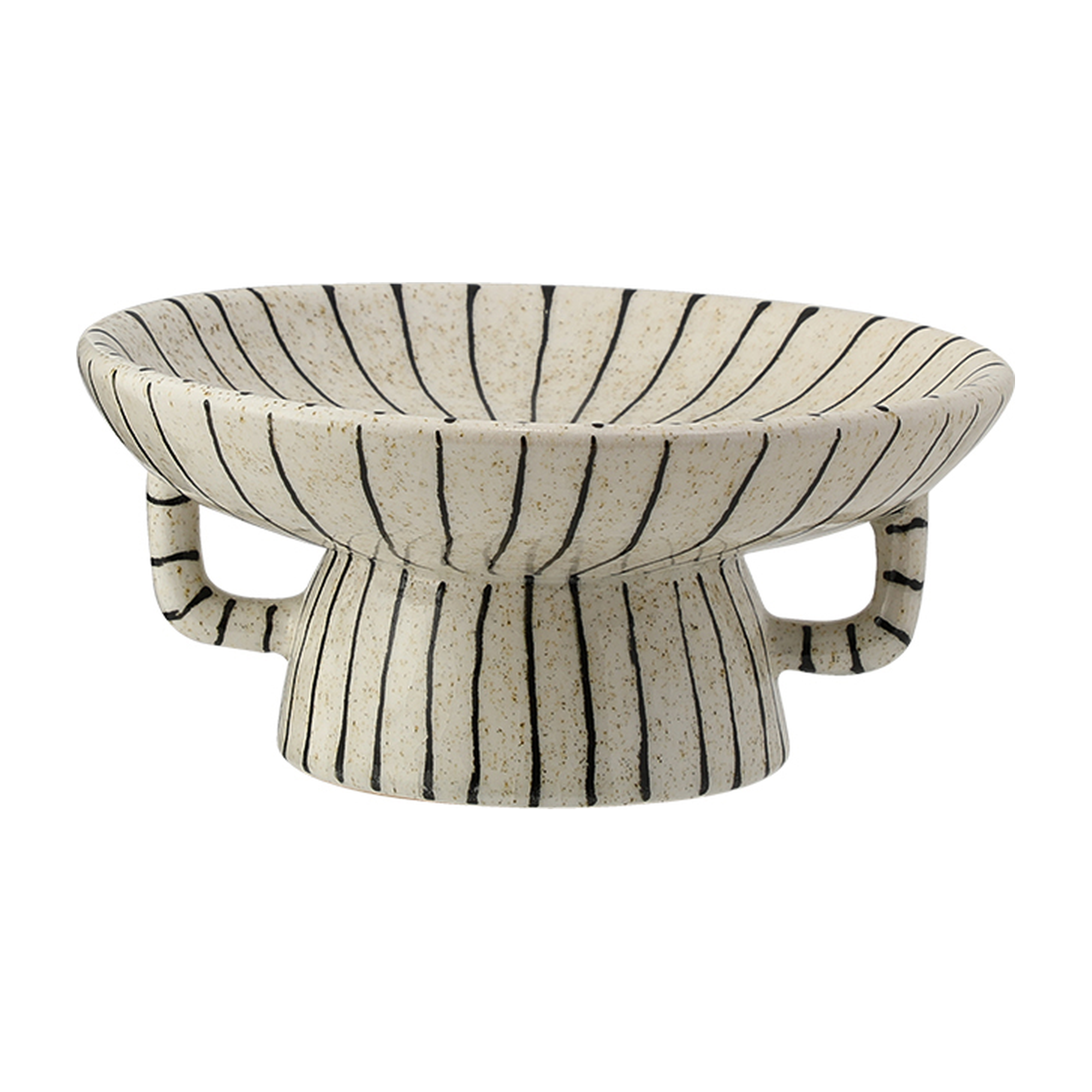 Bowl decorativo de cerámica en blanco crudo con rayas negras verticales, base y asas laterales, 26