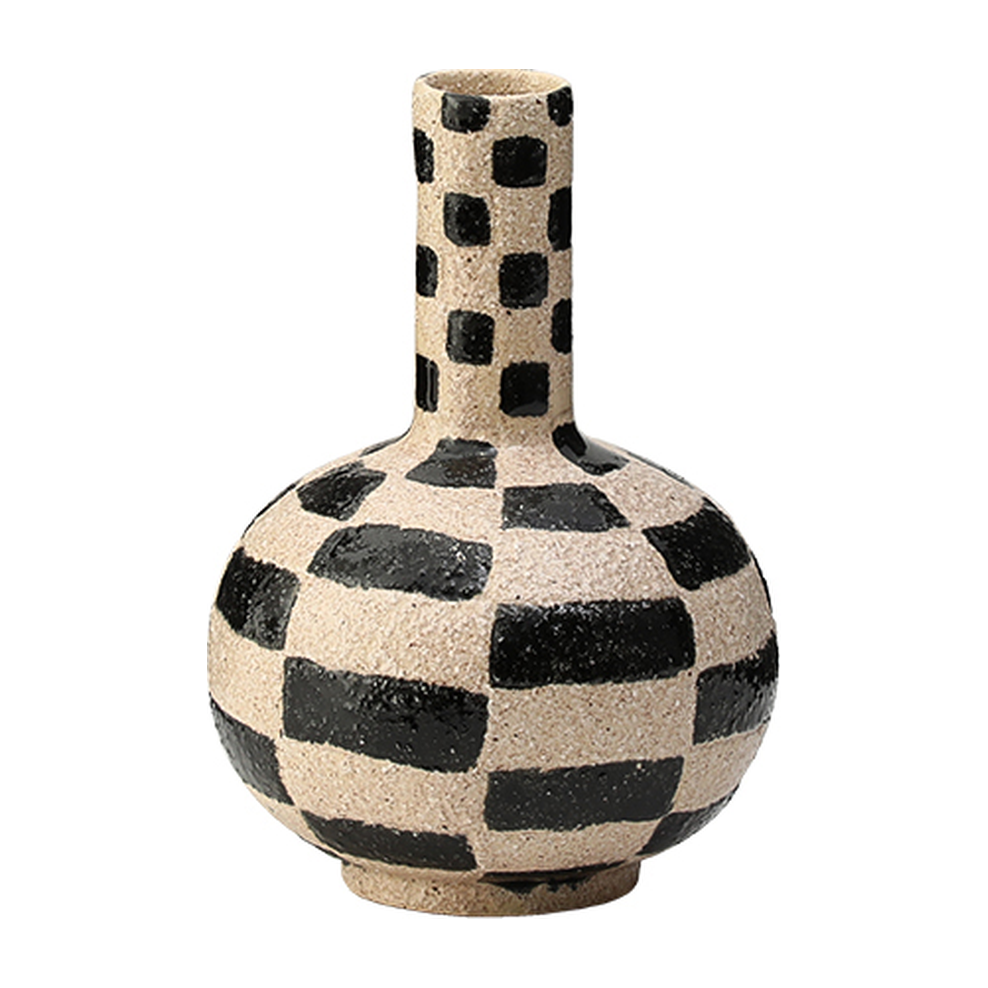 Jarrón decorativo de cerámica beige y negro con patrón cuadriculado, estilo moderno y elegante.