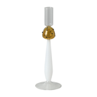 Candelabro decorativo de vidrio con base transparente, fuste blanco y pieza central dorada con