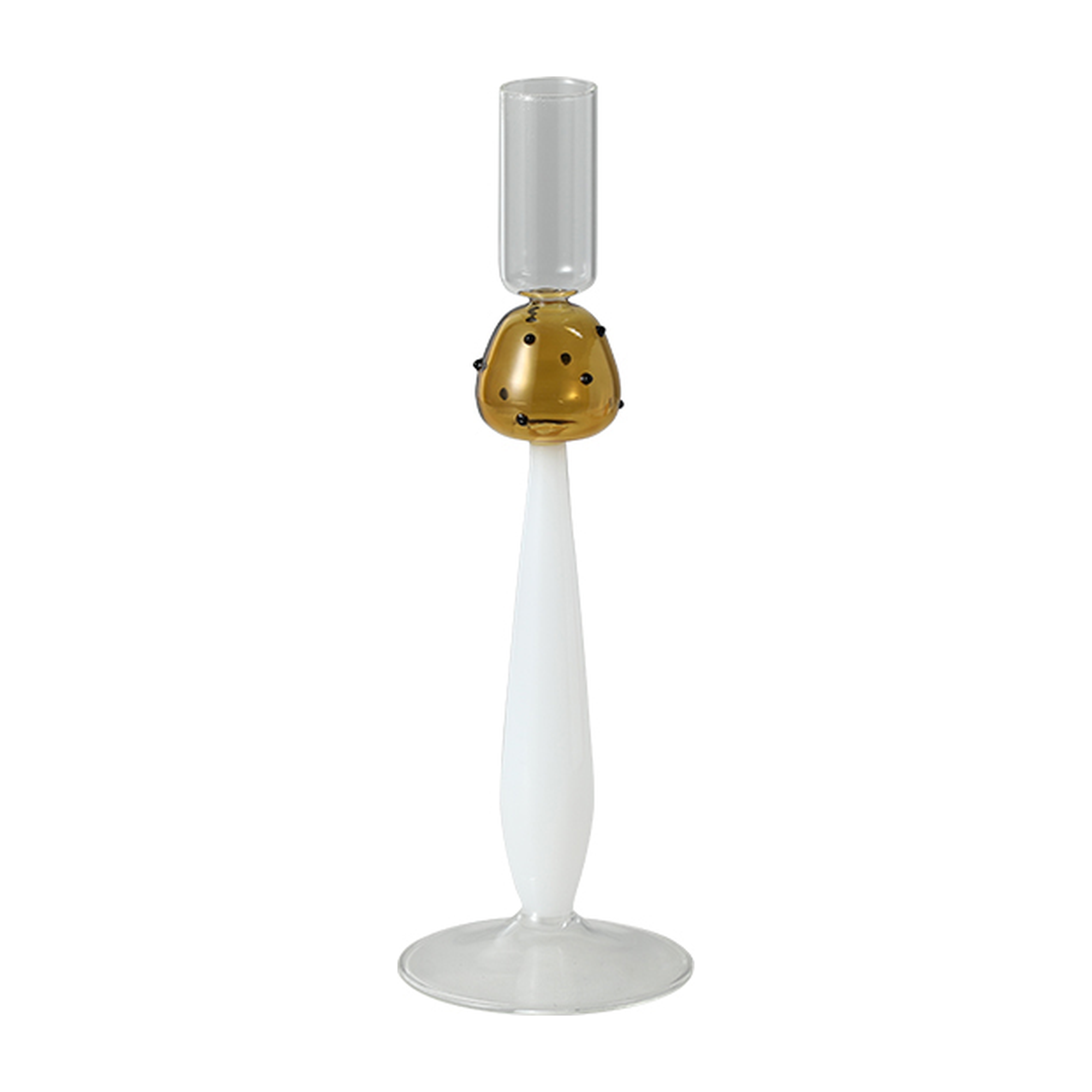 Candelabro decorativo de vidrio con base transparente, fuste blanco y pieza central dorada con