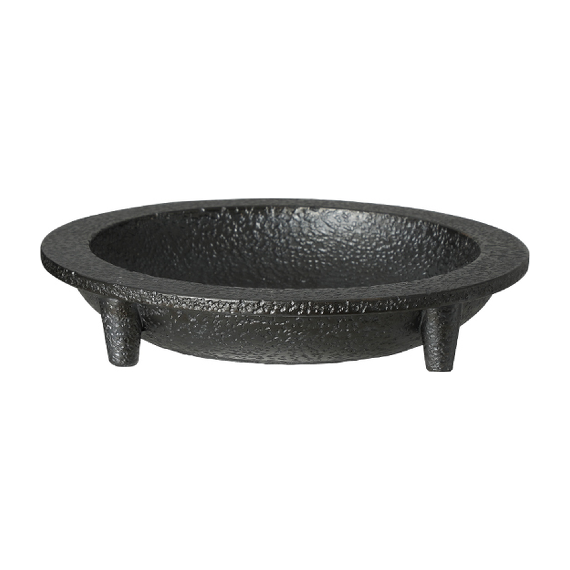 Bowl decorativo de resina y piedra color negro, con textura rugosa, base de tres patas sobre fondo