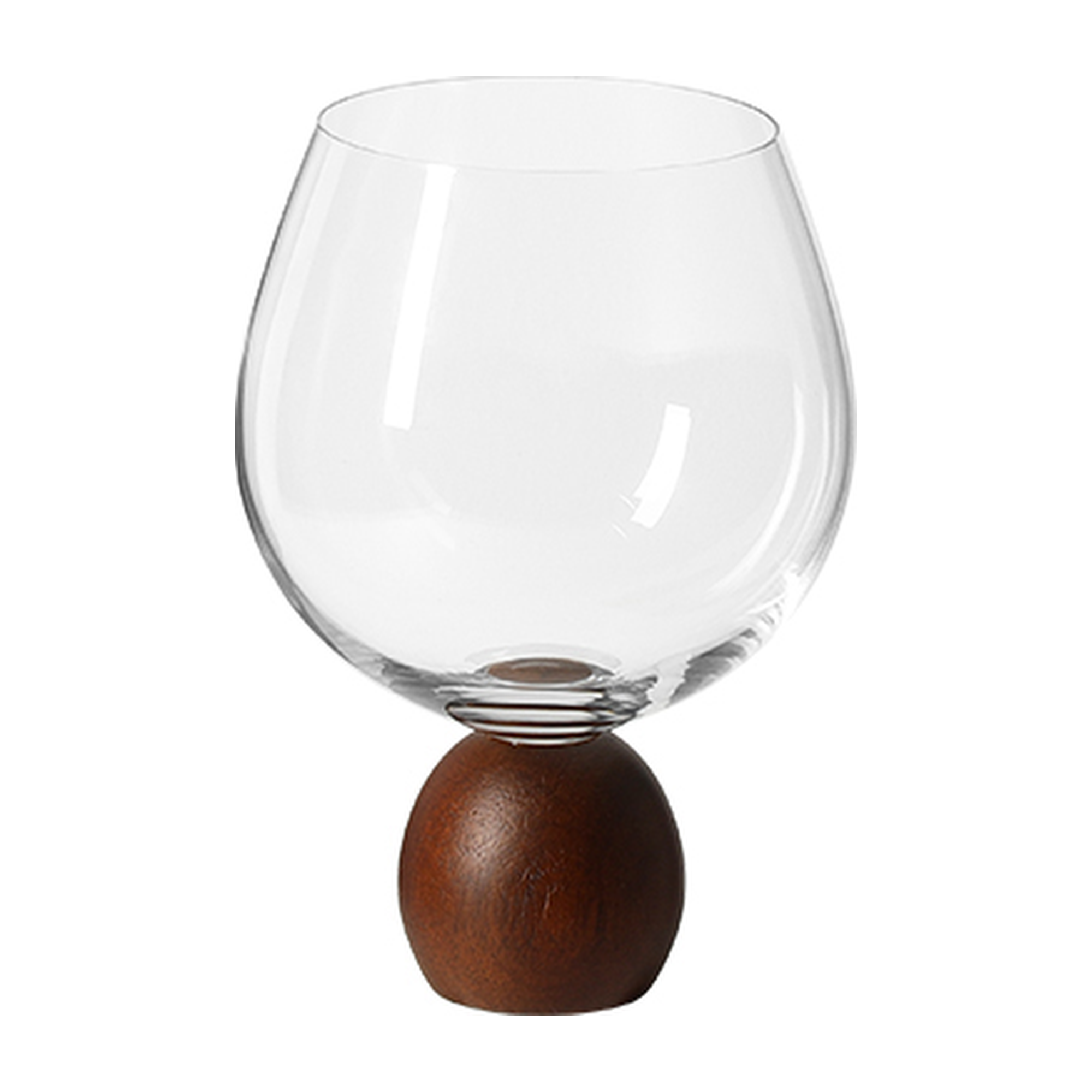 Jarrón decorativo de vidrio transparente con base esférica de madera nogal oscuro, ideal para