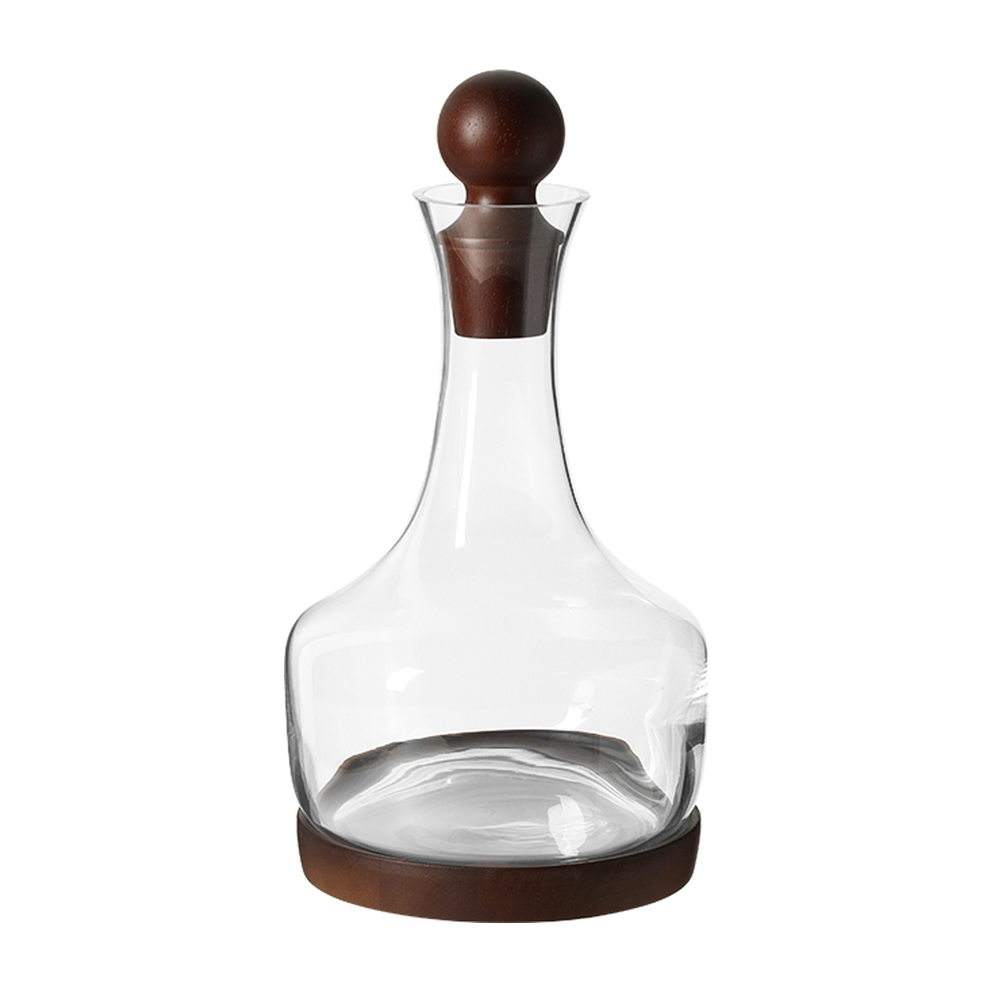 Jarrón decorativo de vidrio transparente con tapón y base de madera oscura, destacando su diseño