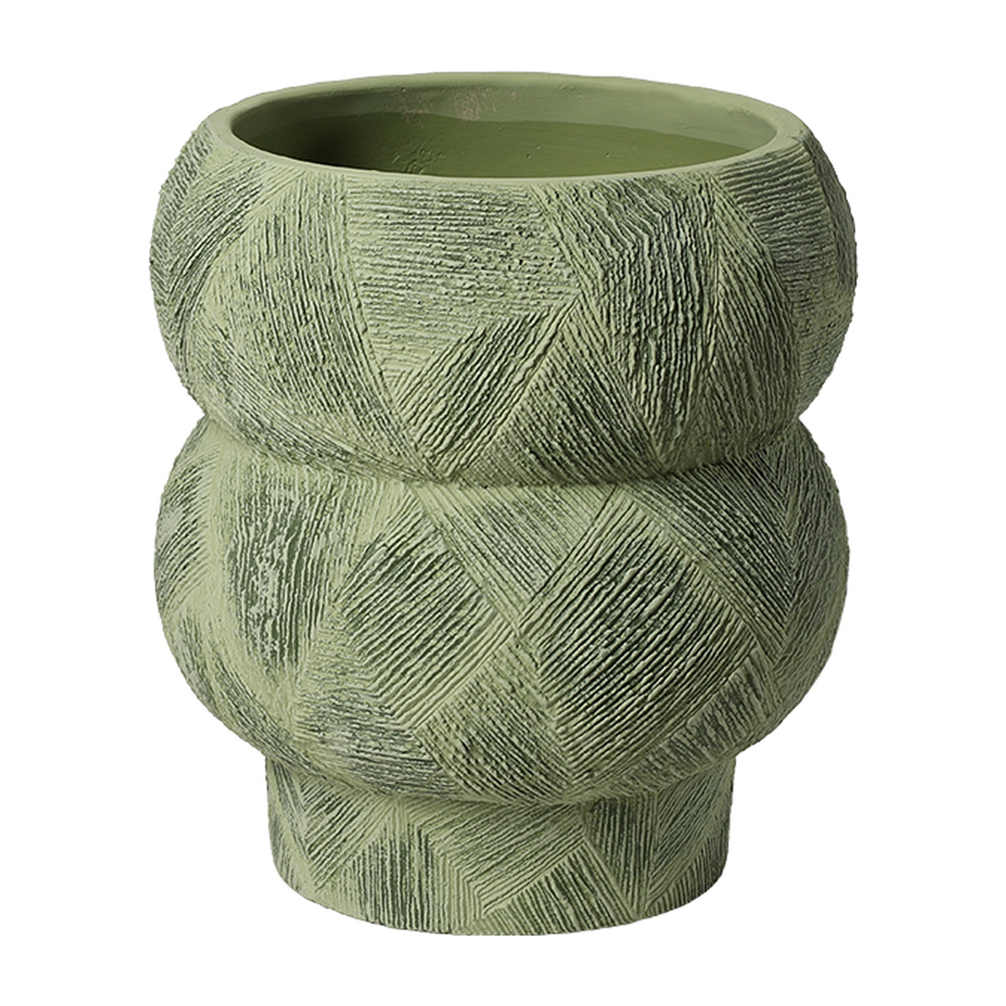 Jarrón decorativo cónico de piedra y resina en tono verde oliva con textura geométrica, 28 cm de