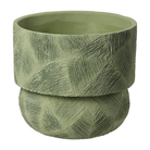 Jarrón decorativo de piedra y resina verde, con textura geométrica en relieve, ideal para