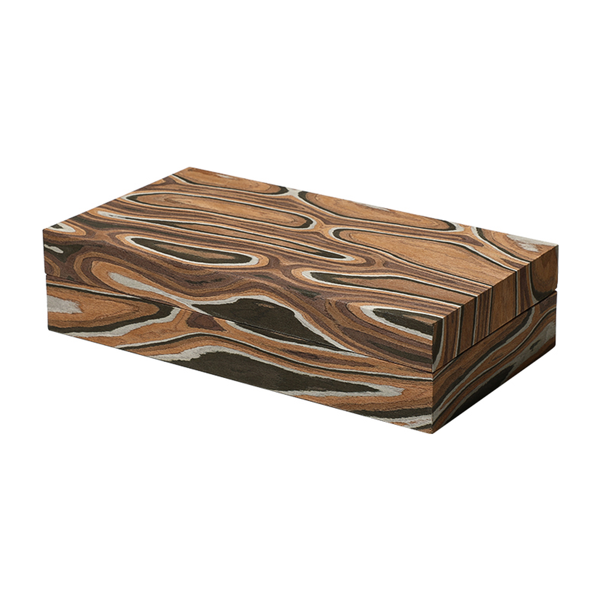Cofre decorativo de madera con vetas curvas marrones y grises, 30 cm