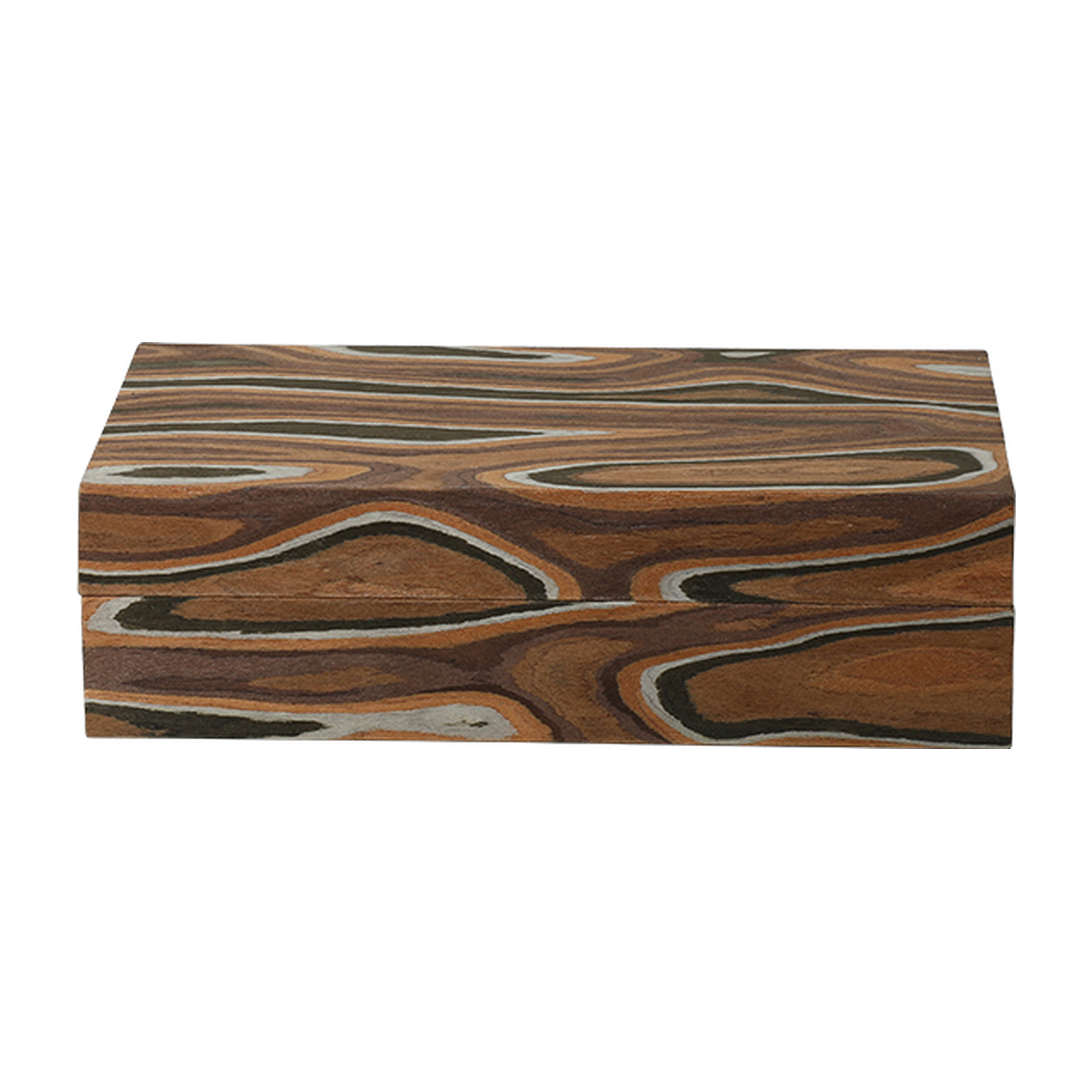 Cofre decorativo de madera veteada en tonos marrones y gris, visto desde una perspectiva frontal