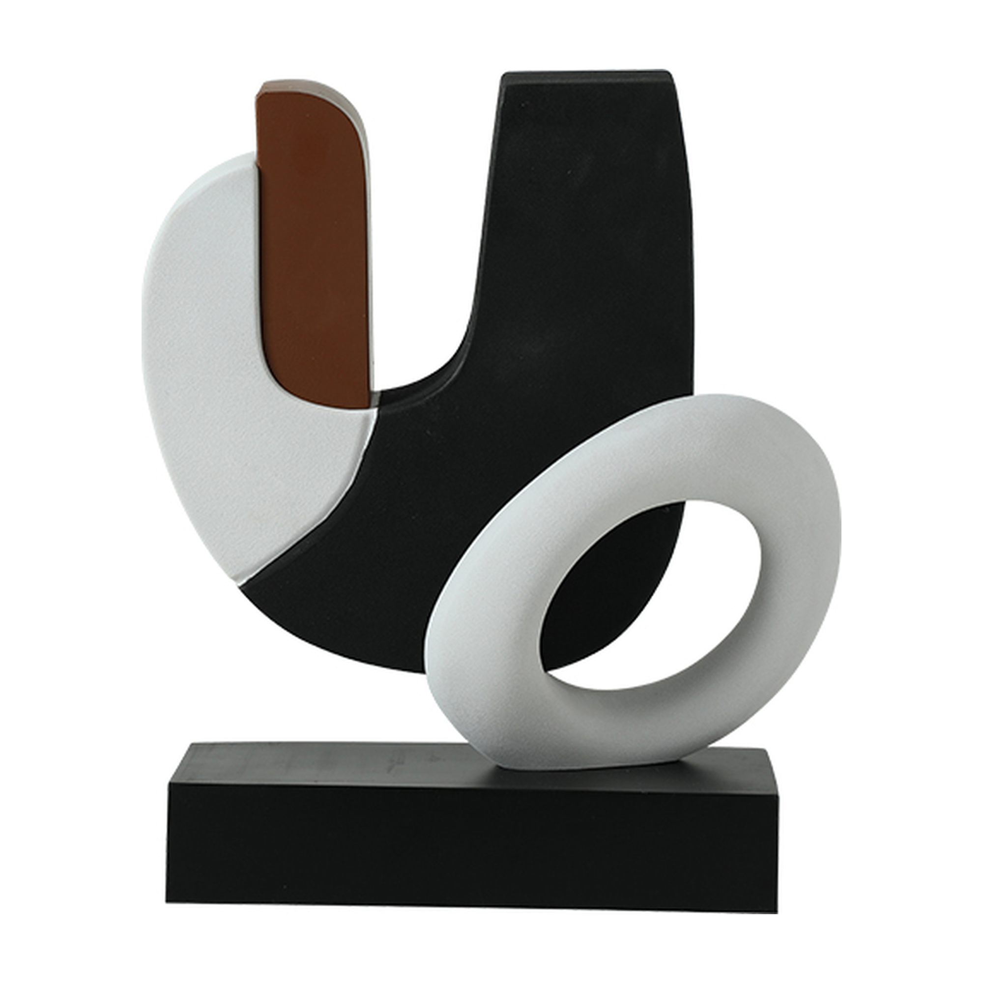 Escultura abstracta moderna en resina negra, blanca y café de 40 cm, sobre base rectangular negra.