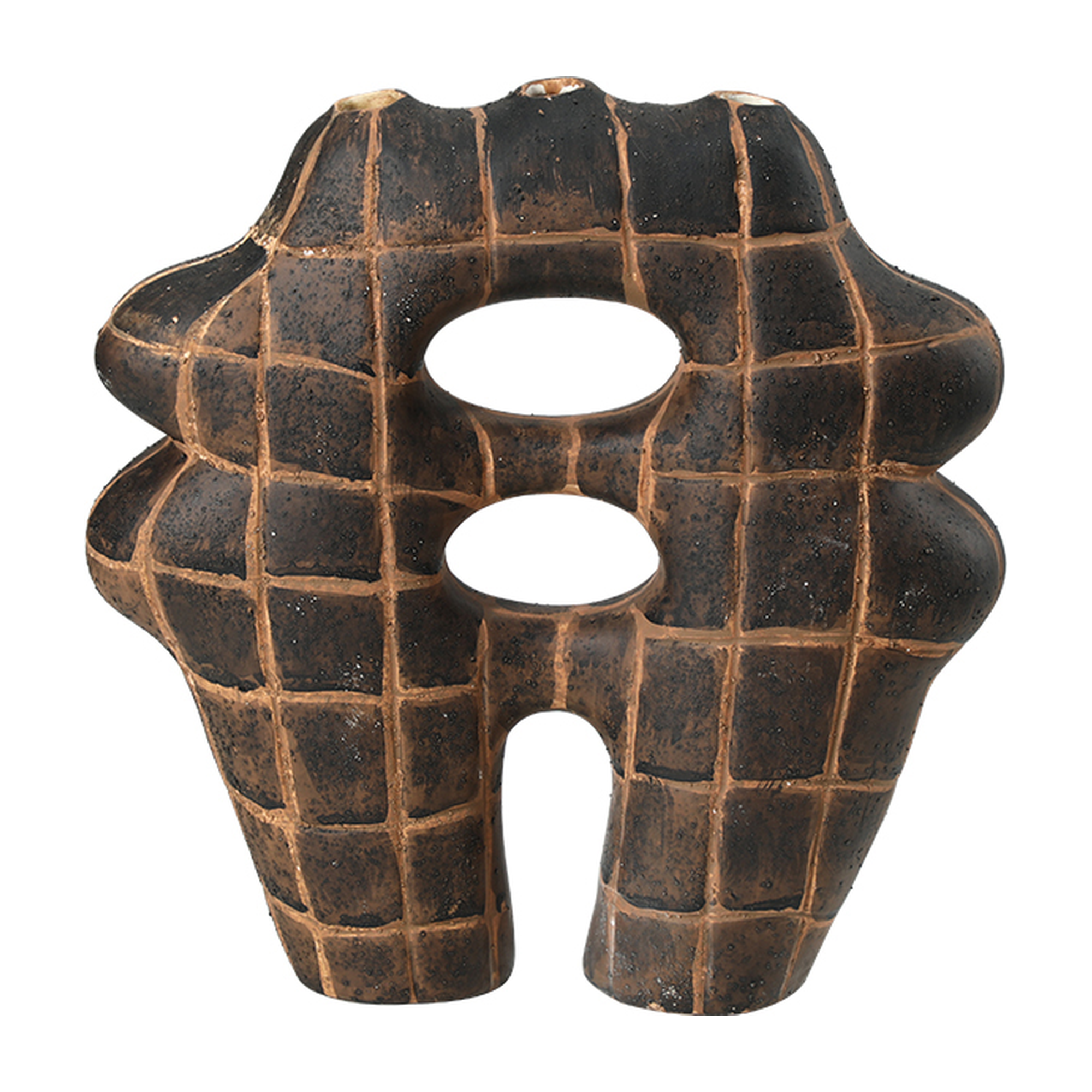 Jarrón decorativo de cerámica negra con textura cuadriculada y aberturas ovaladas, de 24 cm de