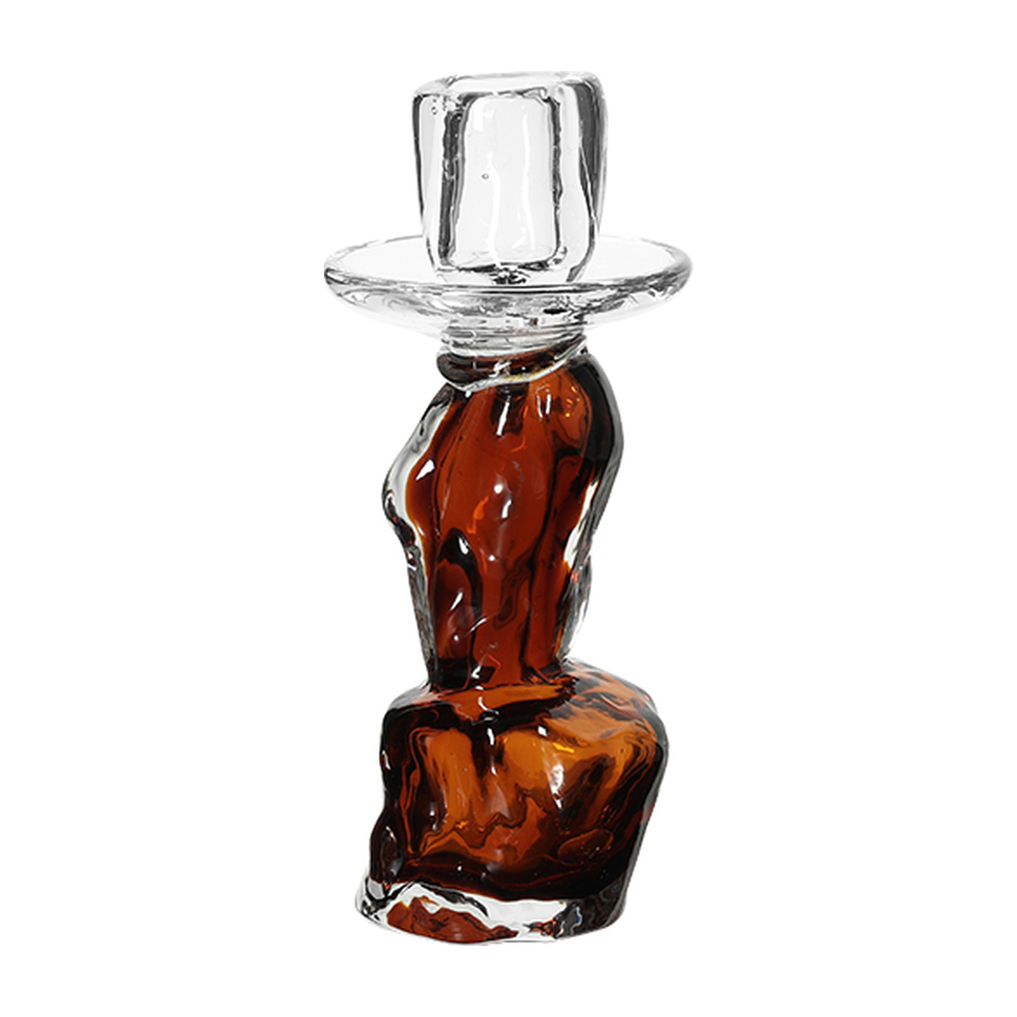 Candelabro decorativo de vidrio color ámbar con diseño orgánico y soporte transparente para vela