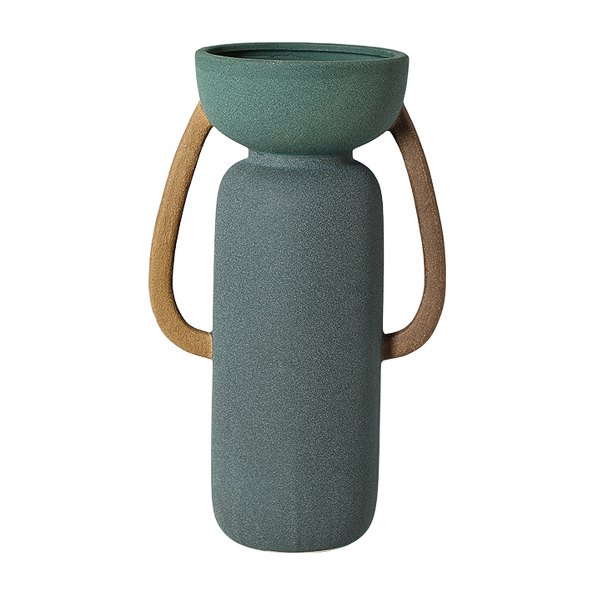 Jarrón decorativo de cerámica en color verde con asas café, estilo moderno y elegante, 41 cm de