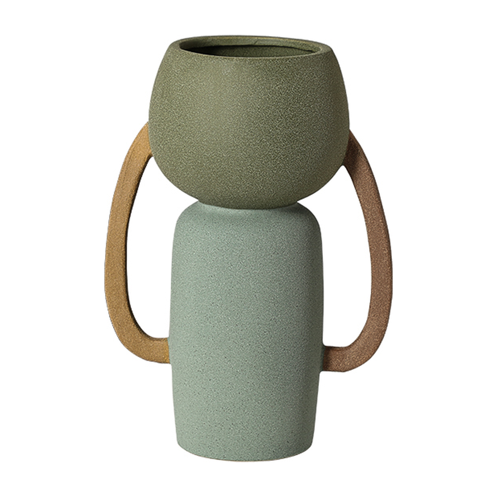 Jarrón de cerámica bicolor verde oliva y verde menta con asas curvas marrones, estilo moderno y