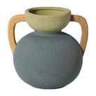 Jarrón decorativo de cerámica bicolor en tonos verde oliva y azul grisáceo, con asas texturizadas