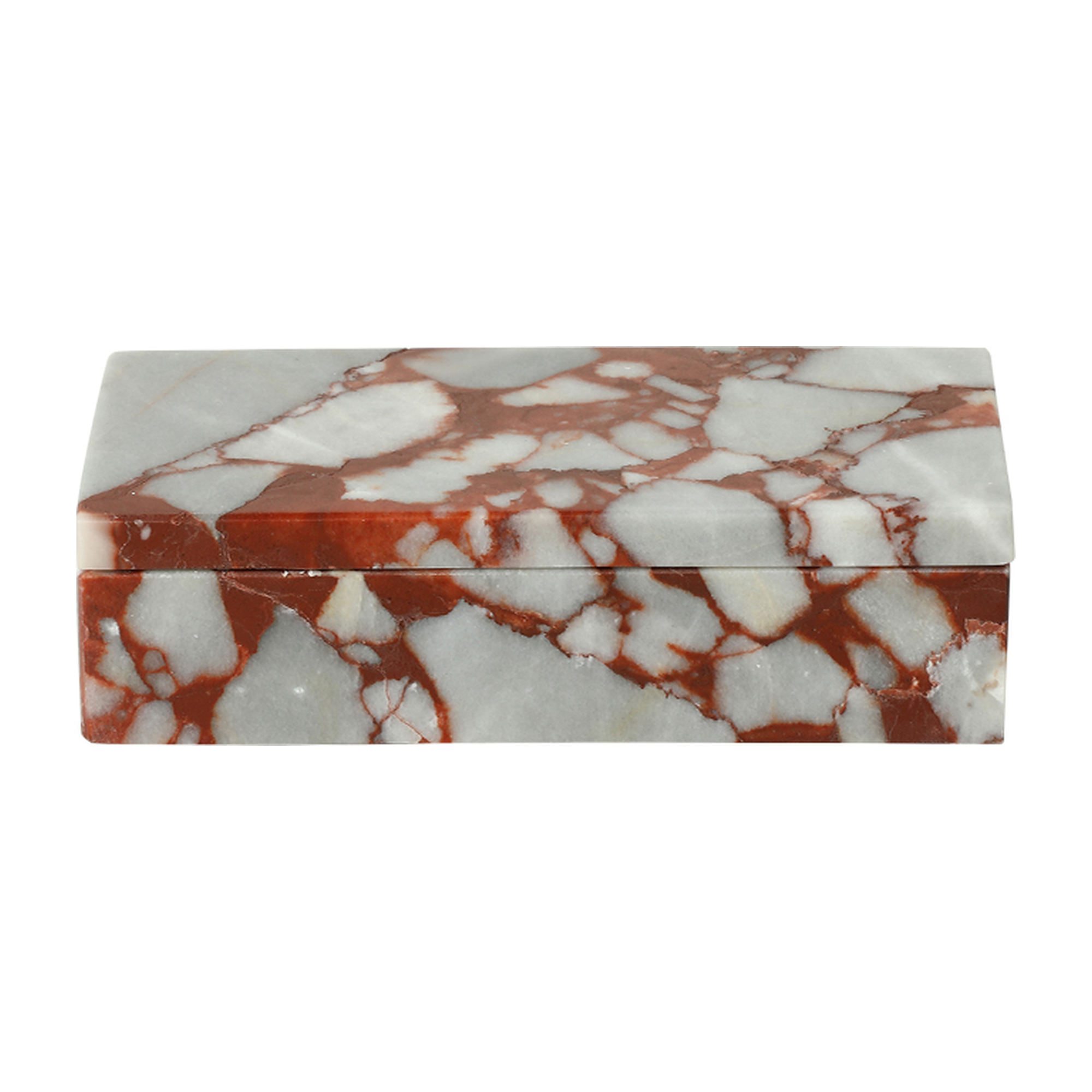 Cofre decorativo rectangular de mármol veteado en tonos rojo óxido y blanco, con tapa y base