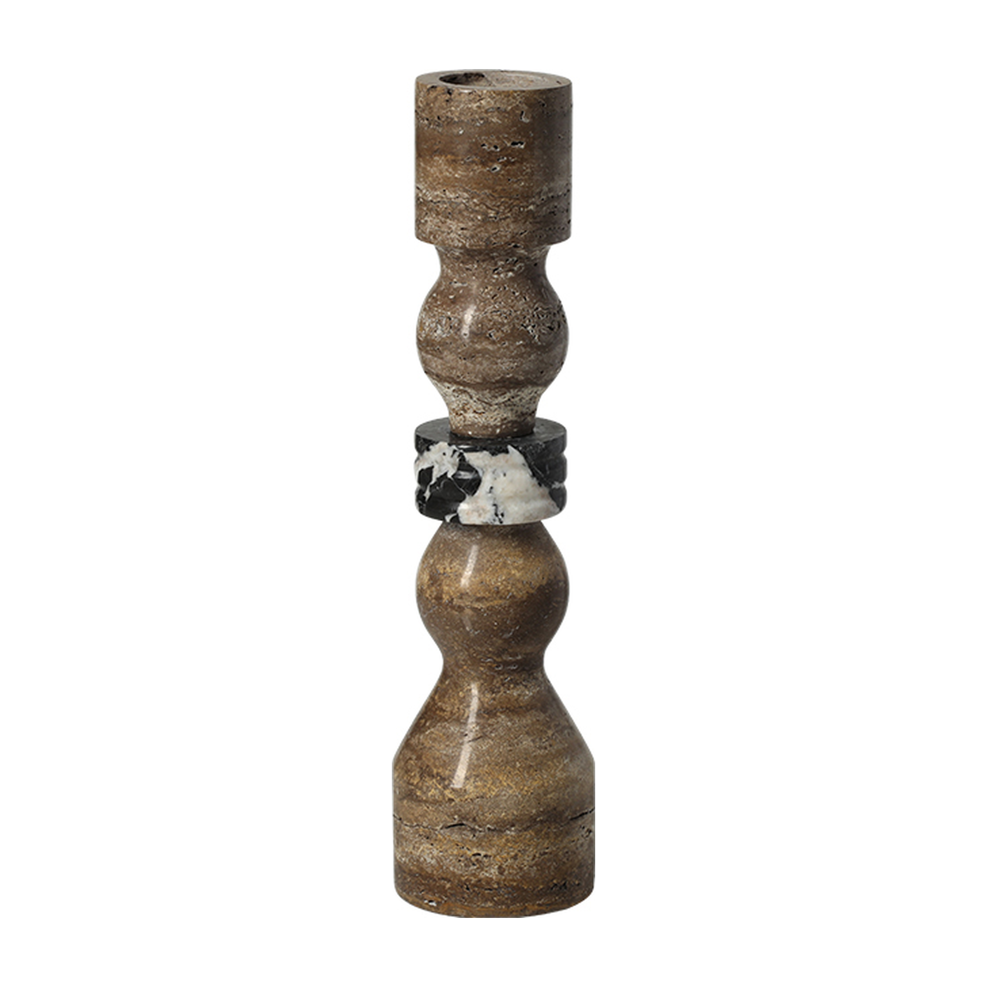 Candelabro decorativo de 32 cm, elaborado en mármol travertino con detalle central en mármol nero