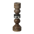 Candelabro decorativo de mármol beige y negro con detalles texturizados, diseño elegante y moderno