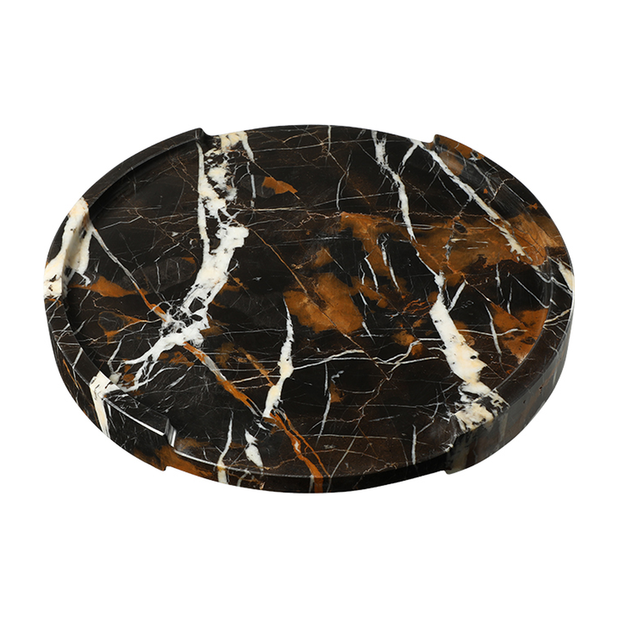 Bandeja decorativa ovalada de mármol negro con vetas blancas y doradas, ideal para lujo y estilo.