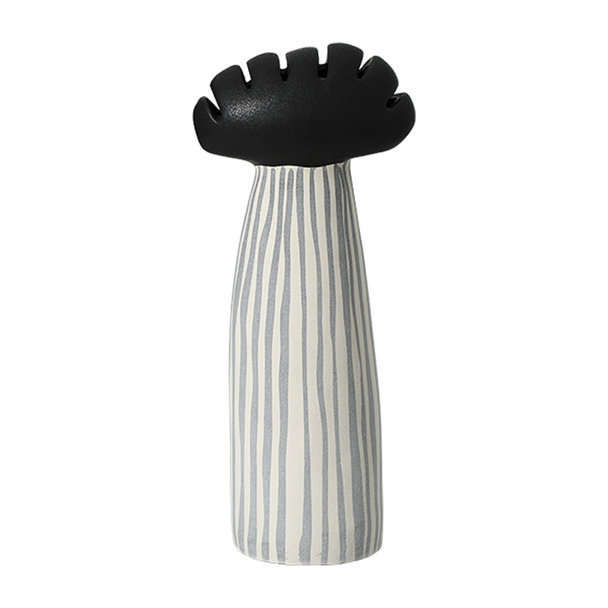 Escultura decorativa de cerámica de 30 cm con base de rayas verticales grises y remate superior