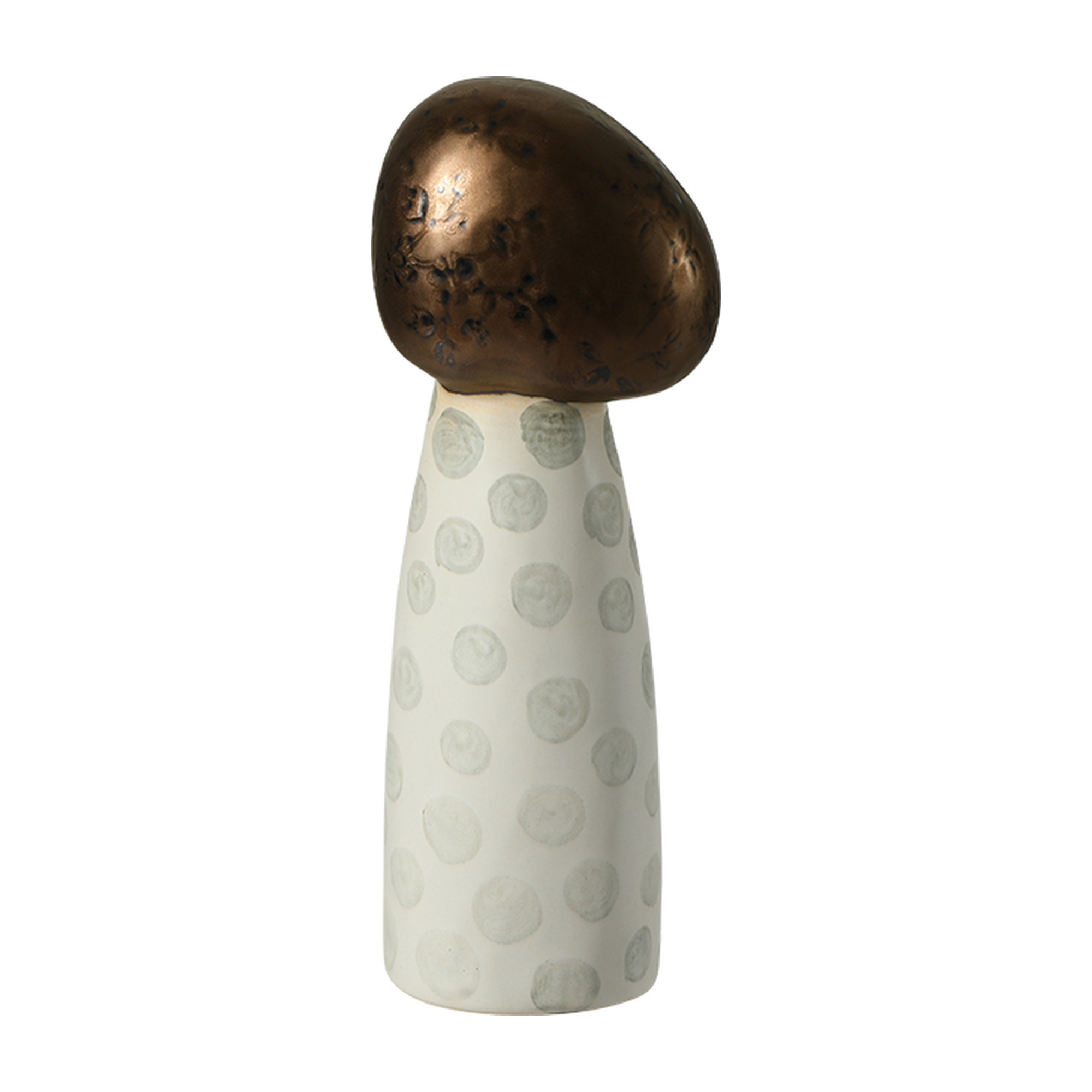 Accesorio decorativo de cerámica con forma de hongo, con sombrero en tono oro bruñido y pie blanco