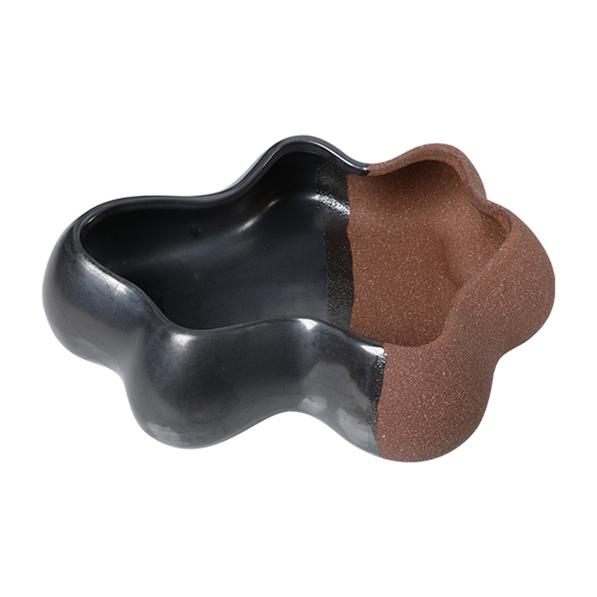 Bowl decorativo de cerámica con diseño curvo, dividido en acabado negro brillante y terracota mate