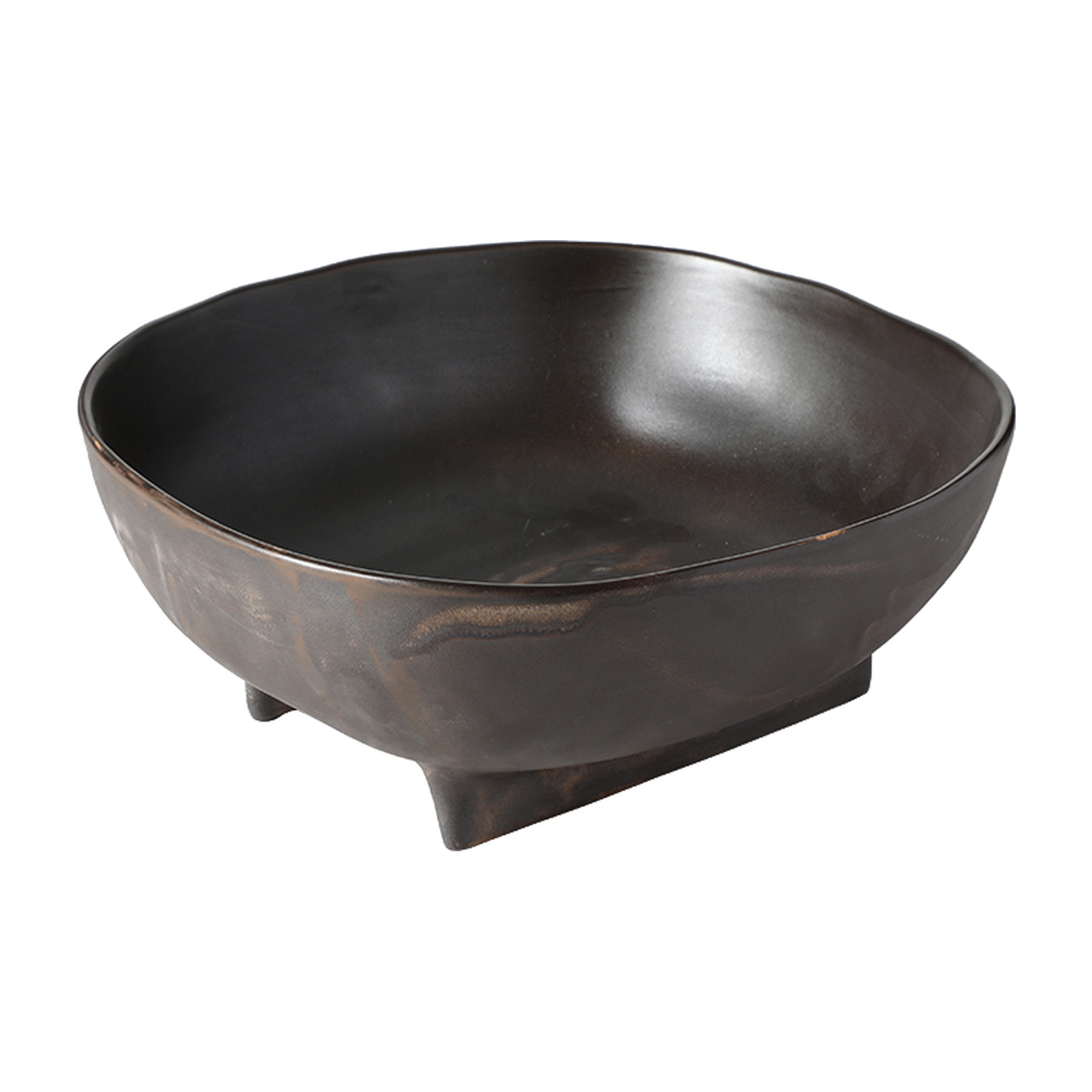 Bowl decorativo de cerámica en tono marrón oscuro con acabado rústico y base con tres patas, vista