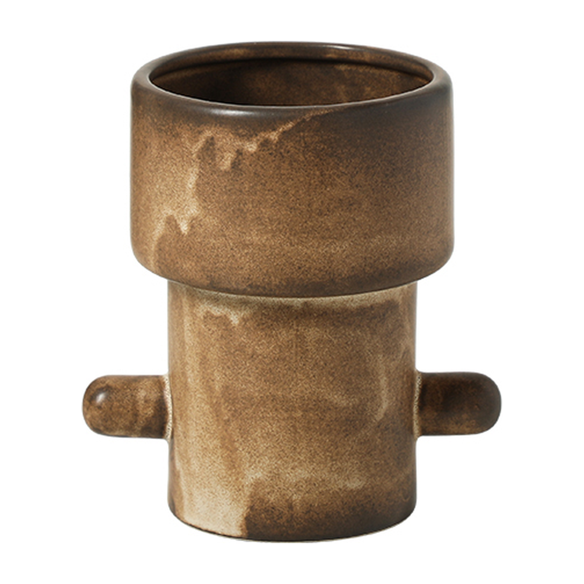 Jarrón decorativo de cerámica artesanal en tono marrón con vetas, forma cilíndrica con asas