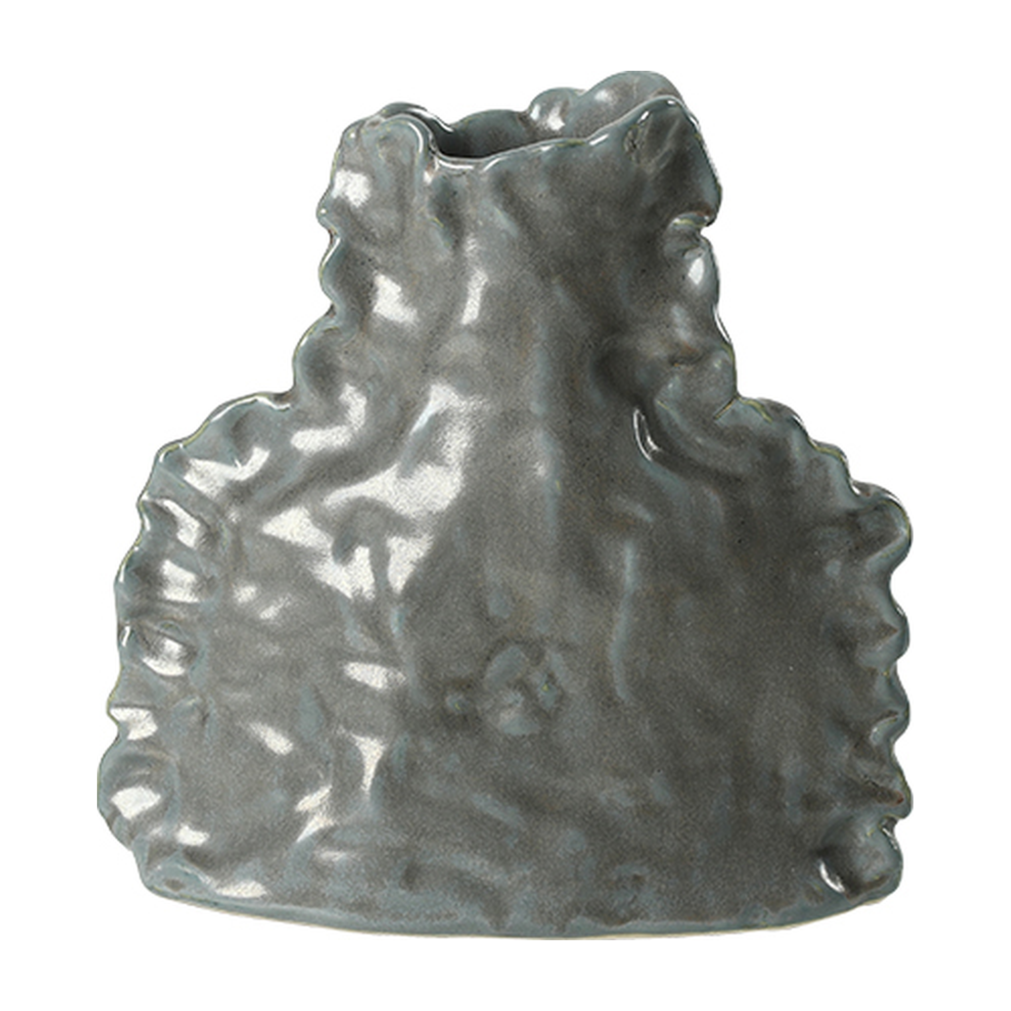 Jarrón decorativo de cerámica ondulada en tono gris oscuro, con relieve texturizado y un acabado