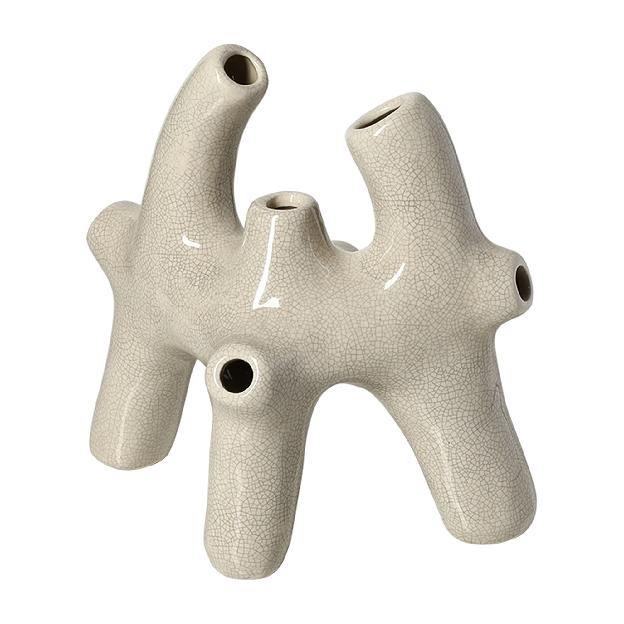 Jarrón decorativo de cerámica blanca craquelada, con forma abstracta y múltiples aperturas, fondo