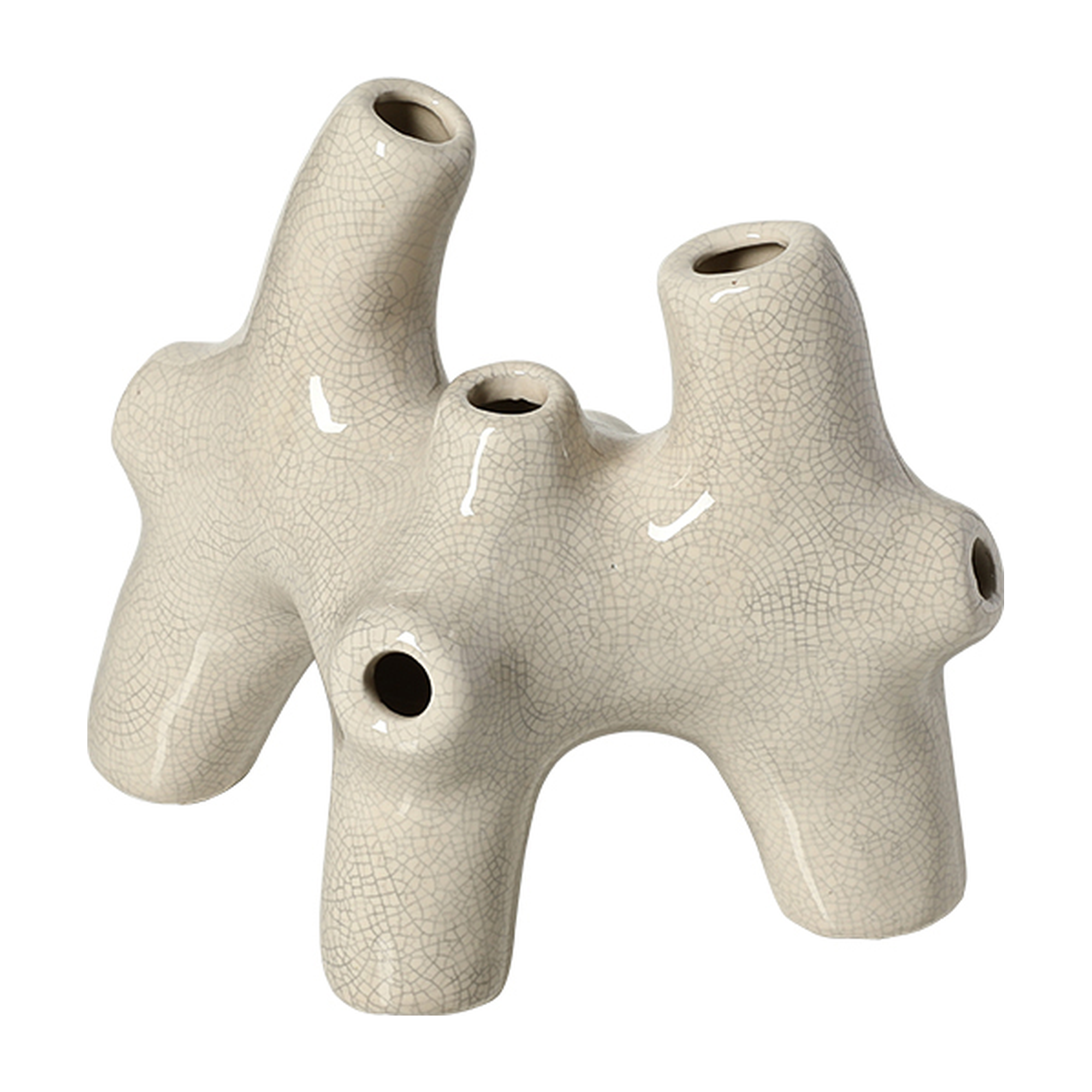 Jarrón decorativo de cerámica beige con textura craquelada, diseño orgánico tipo coral, múltiples