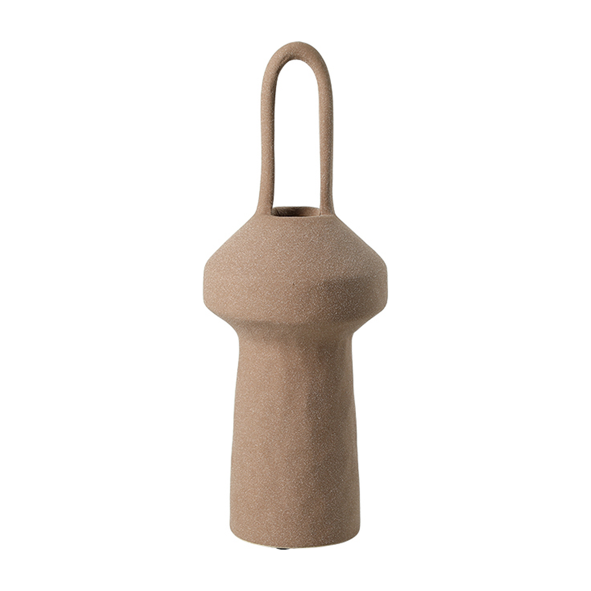 Jarrón decorativo de cerámica beige con asa, diseño moderno y elegante de 33 cm de altura para