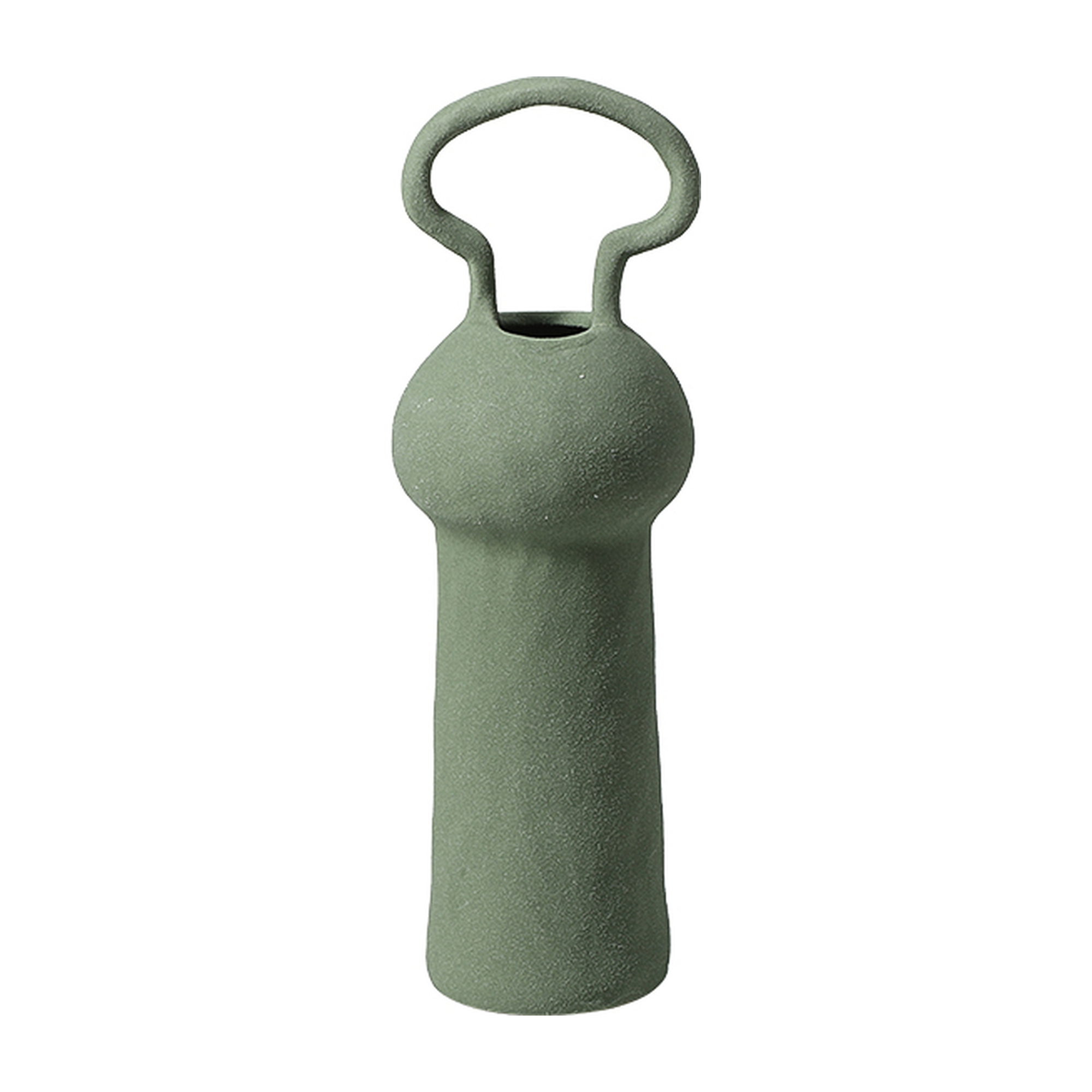 Botella decorativa de cerámica verde oliva mate de 30 cm con diseño contemporáneo y asa curva
