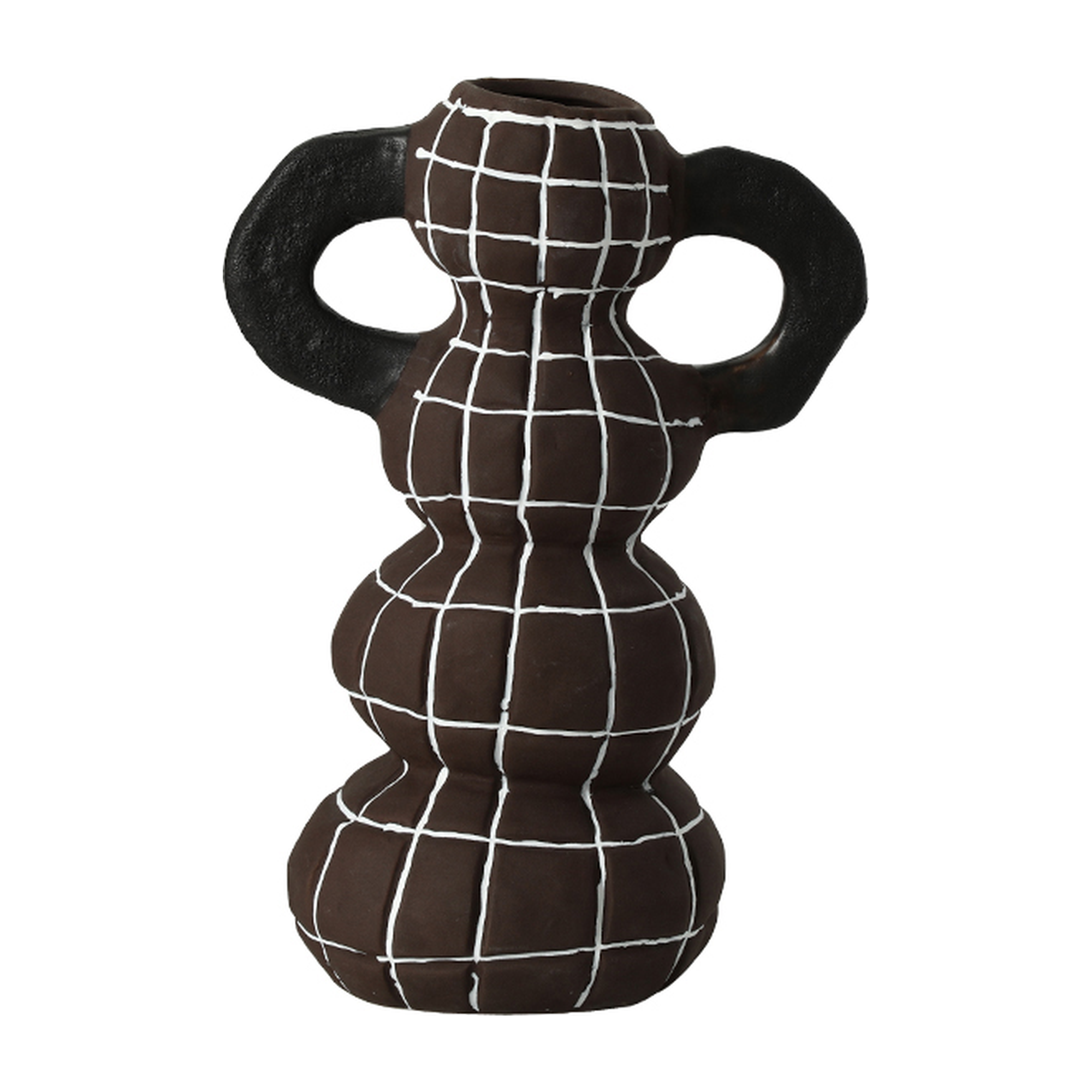 Jarrón decorativo de cerámica color negro con patrón de cuadros blancos, diseño escultórico moderno