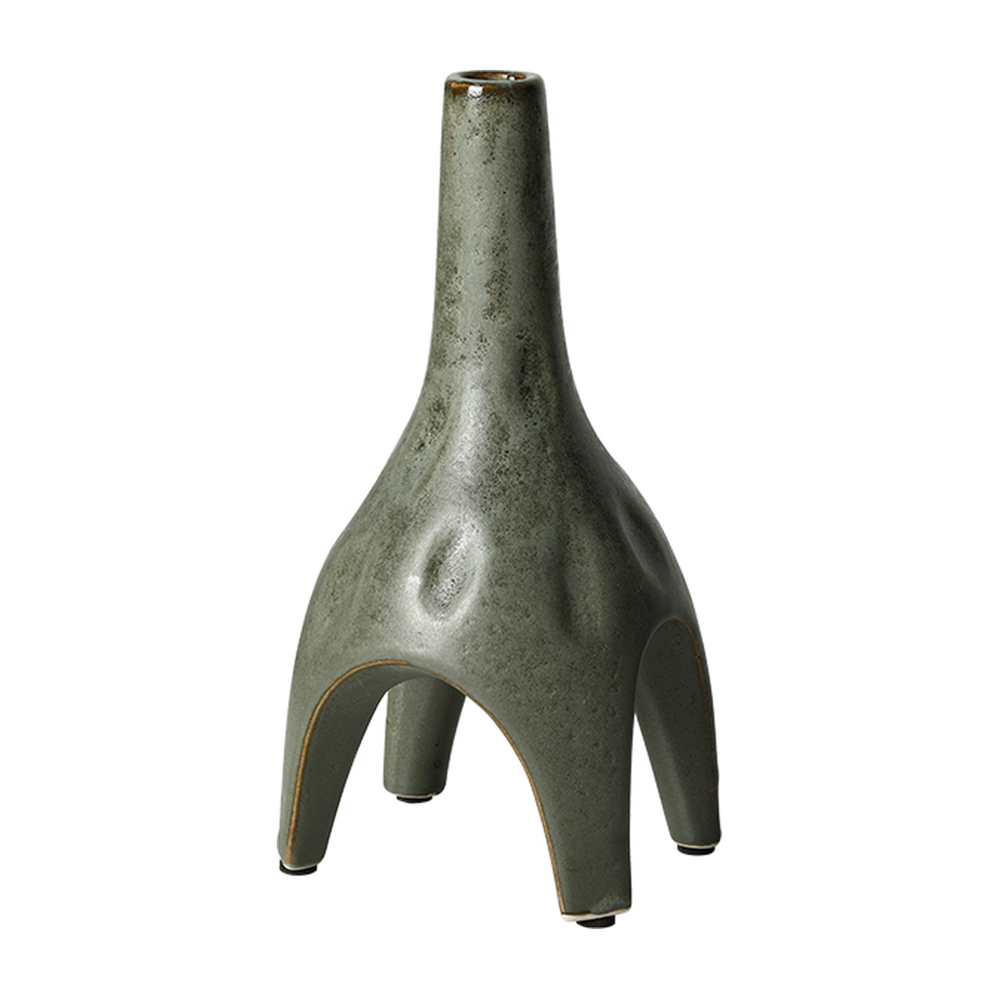 Jarrón decorativo de cerámica escultórica en tono verde grisáceo de 28 cm de altura, con base de
