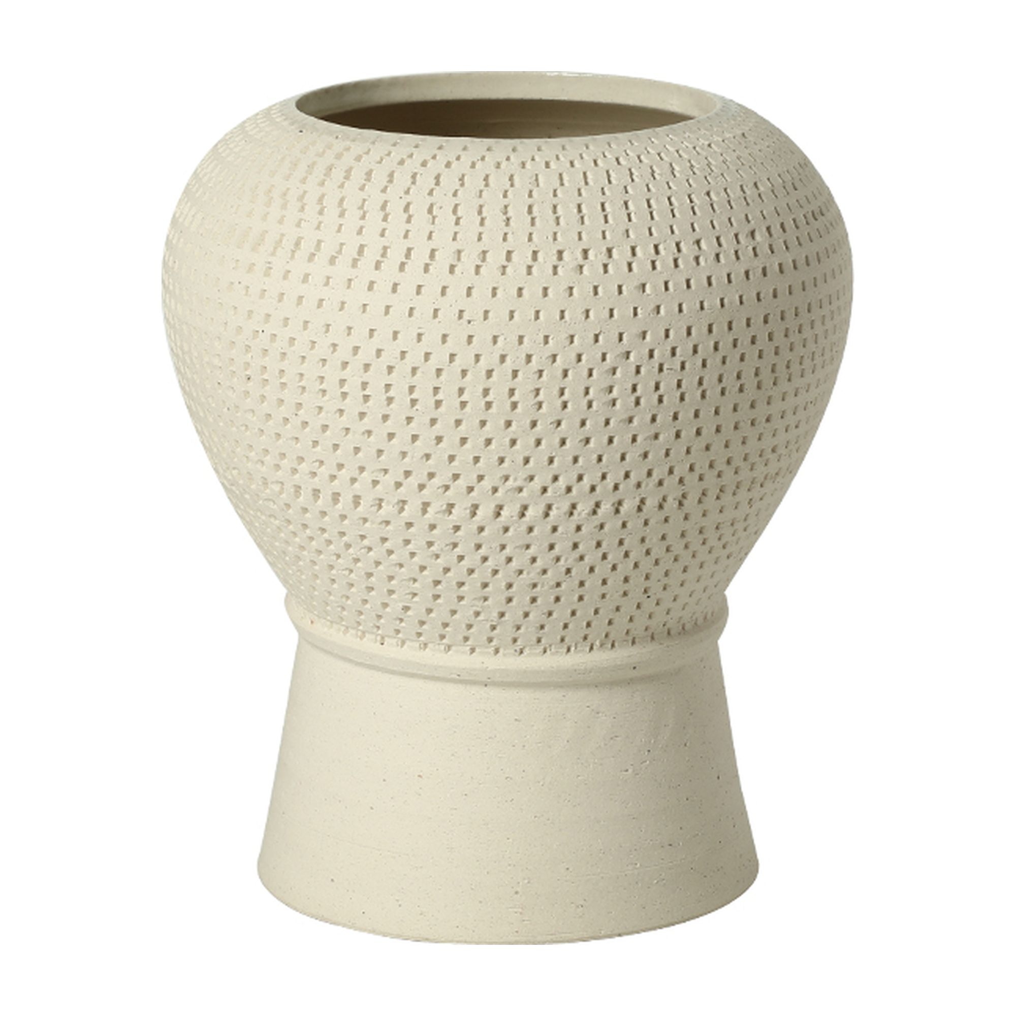 Jarrón decorativo de cerámica color crema con textura en relieve y base cónica, ideal para