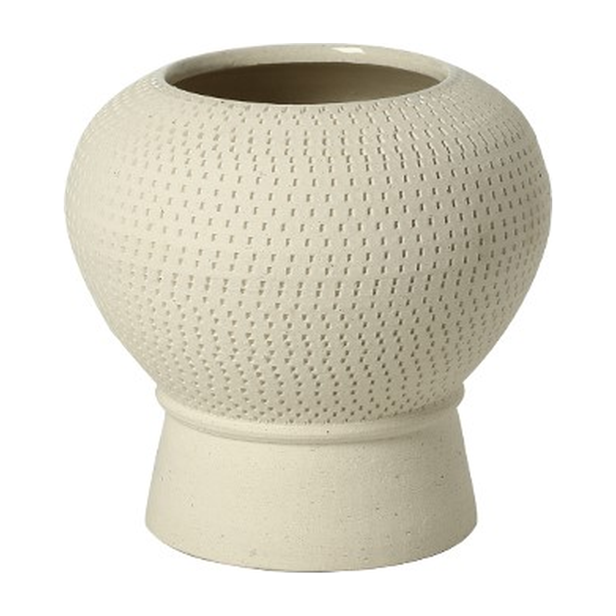 Jarrón decorativo de cerámica beige de 19 cm con textura punteada, sobre fondo blanco.