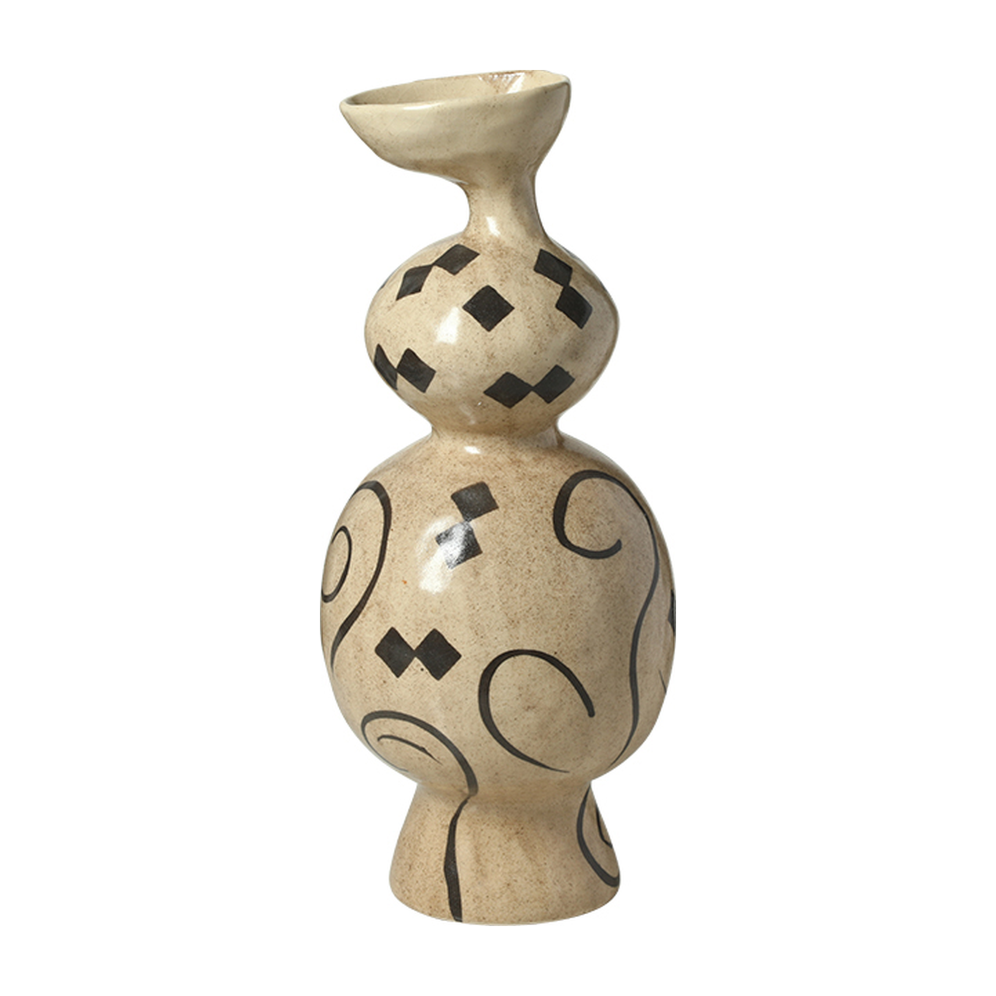 Botella decorativa de cerámica beige con patrones geométricos en forma de rombos y espirales en