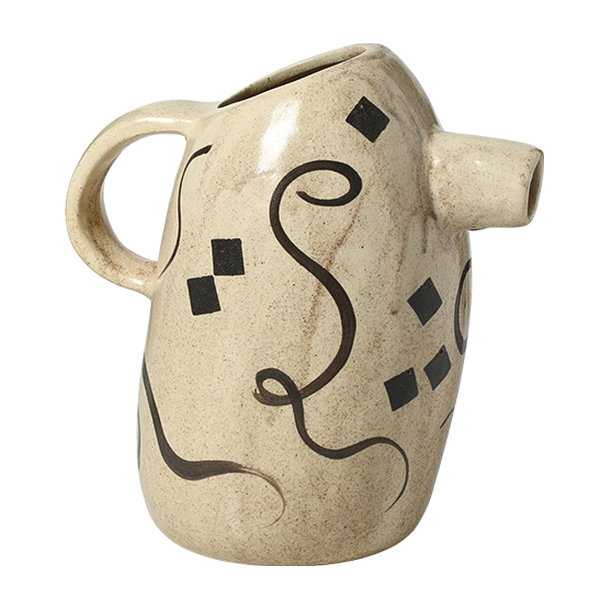 Jarrón decorativo de cerámica beige con patrón abstracto en negro y líneas curvas, estilo moderno y