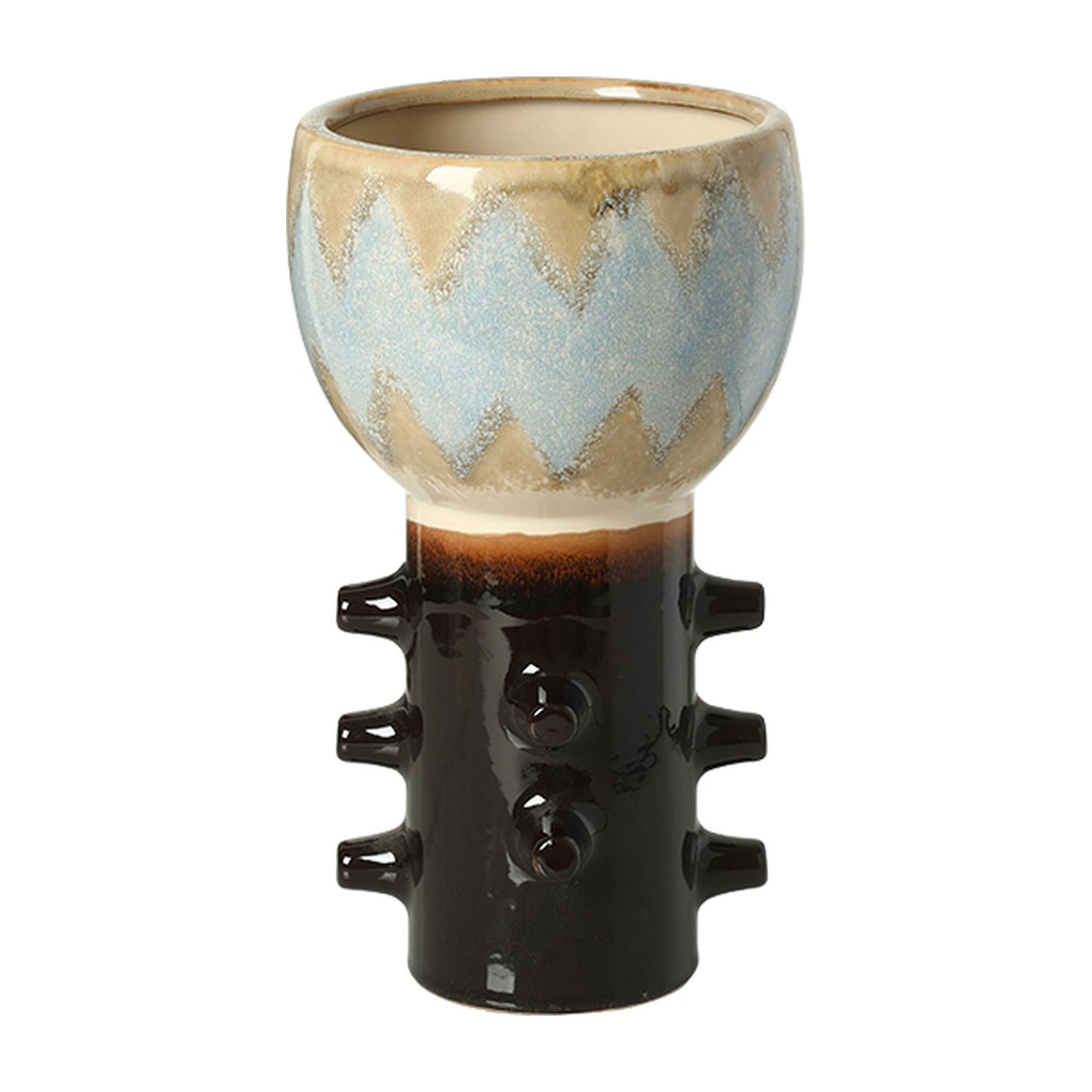 Jarrón decorativo de cerámica con diseño en zigzag azul claro y beige en la parte superior, y base