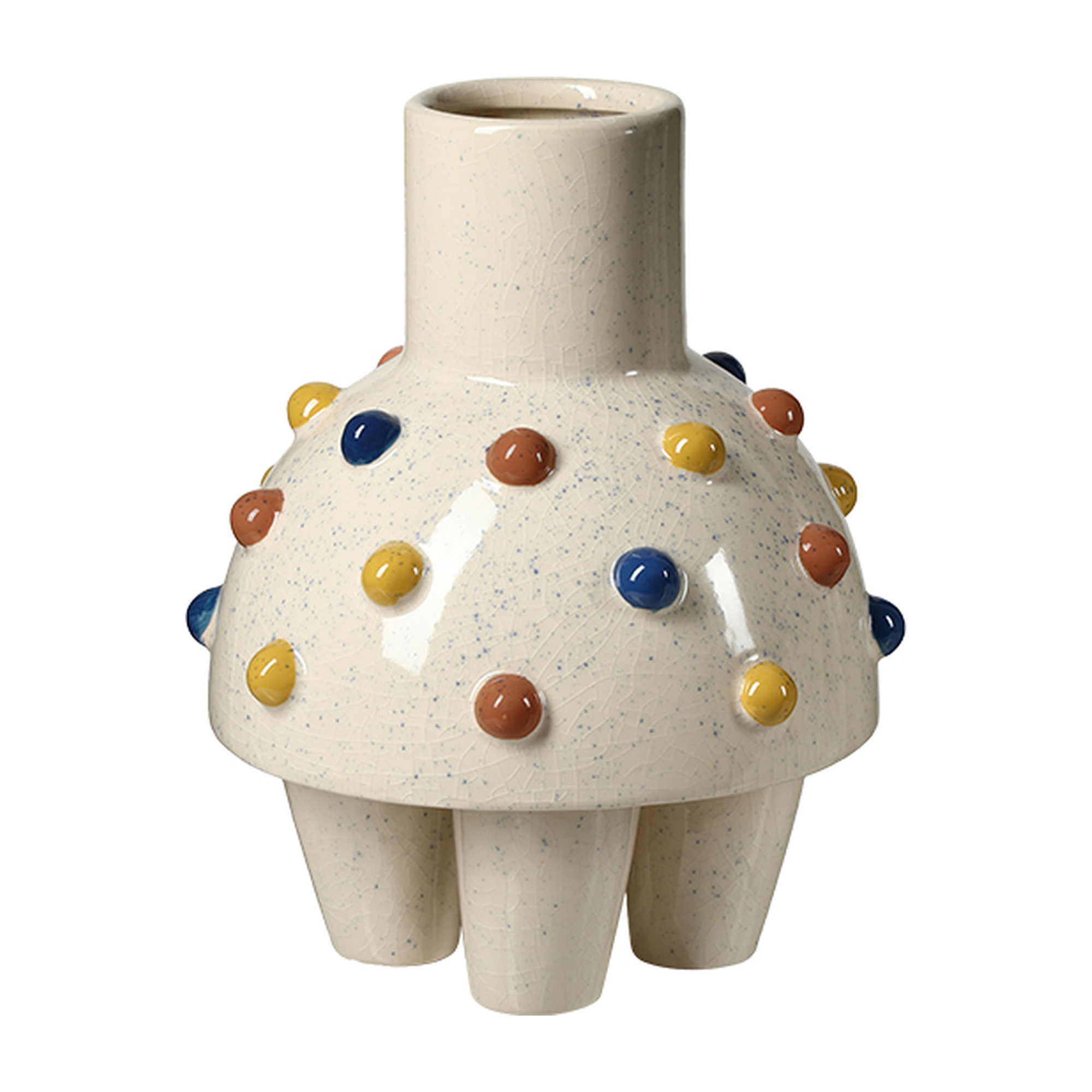 Jarrón decorativo de cerámica crema con detalles de puntos en azul, amarillo y terracota, y patas