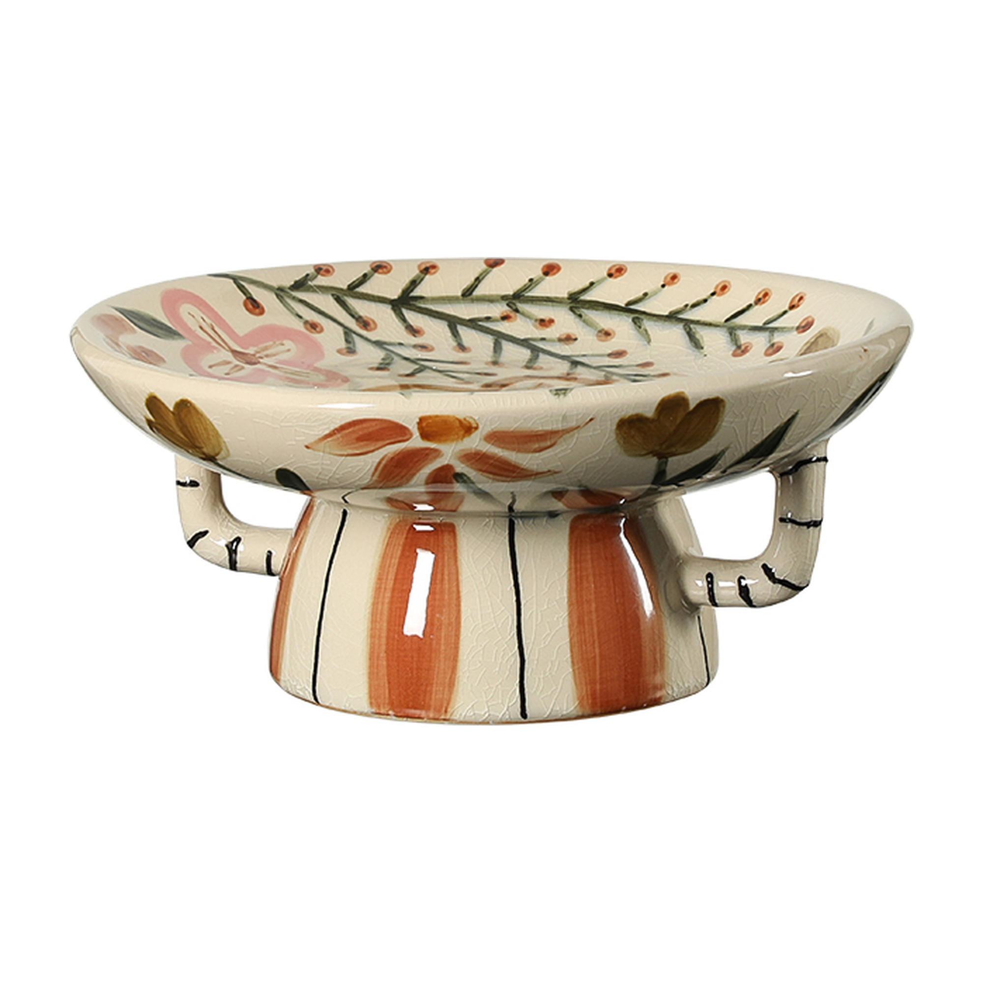Centro de mesa decorativo de cerámica beige con diseño floral y rayas naranjas, 26 cm.