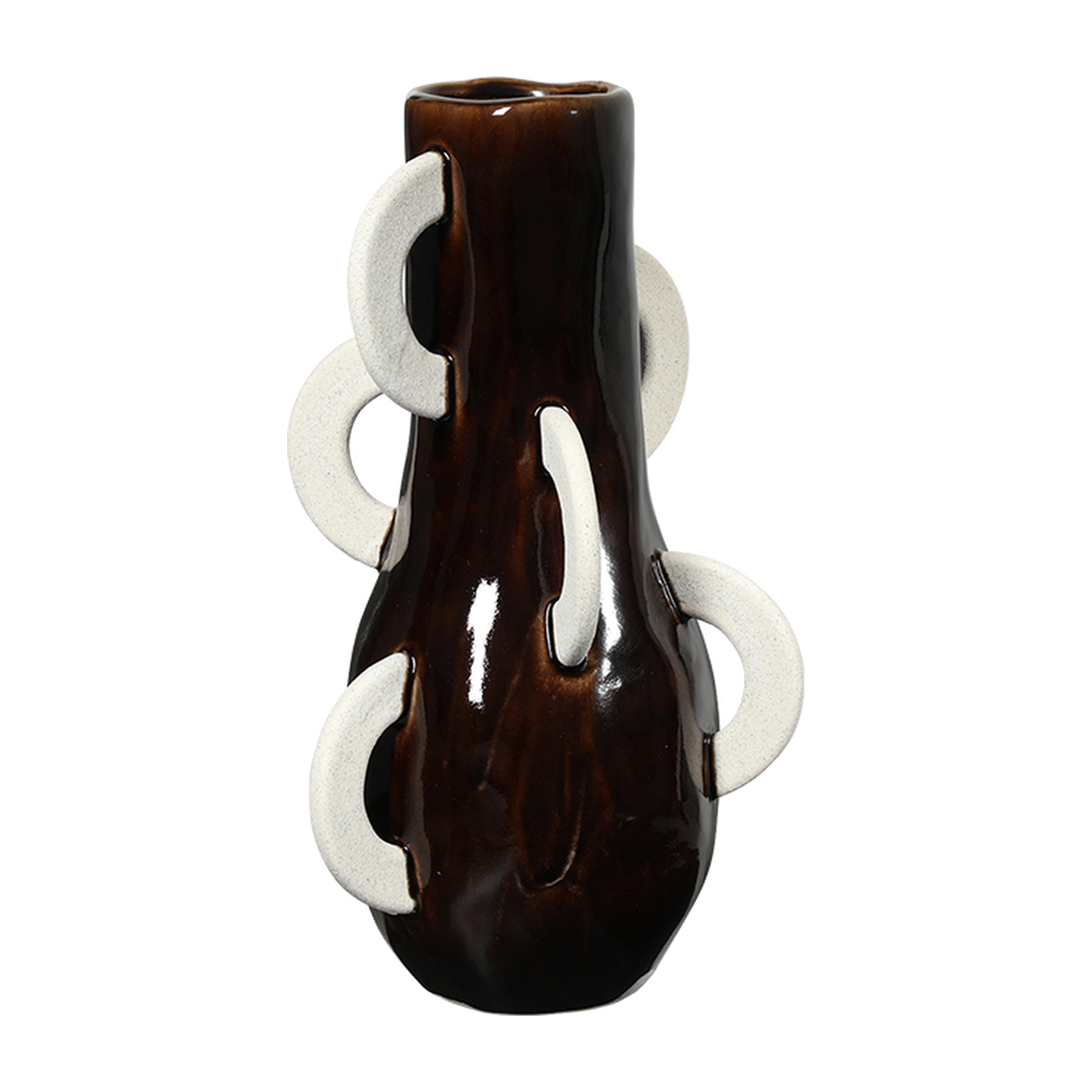 Jarrón decorativo de cerámica marrón brillante con detalles abstractos en blanco cremoso, estilo